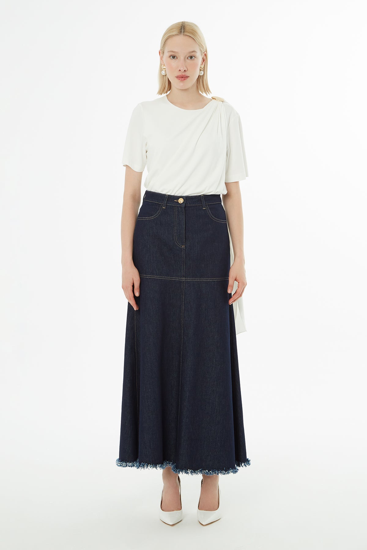 Denim Ruffled Maxi Skirt