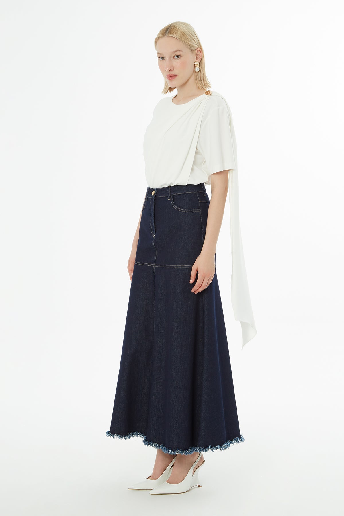 Denim Ruffled Maxi Skirt