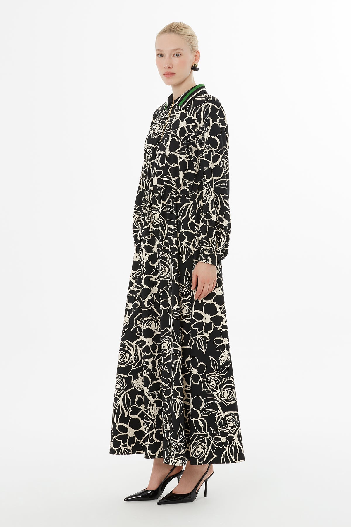 Printed Long Dress with Zip-Up Collar