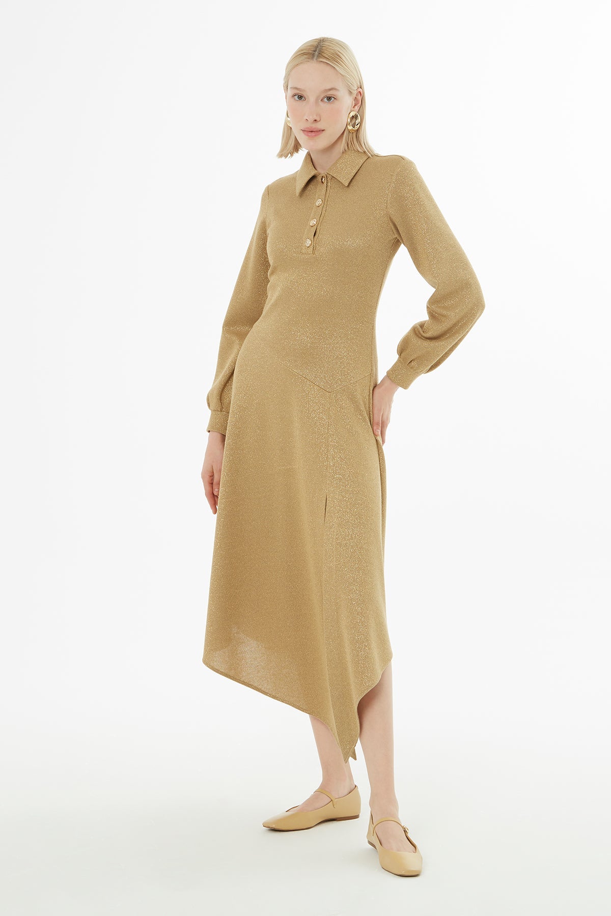 Long-Sleeved Midi Beige Dress