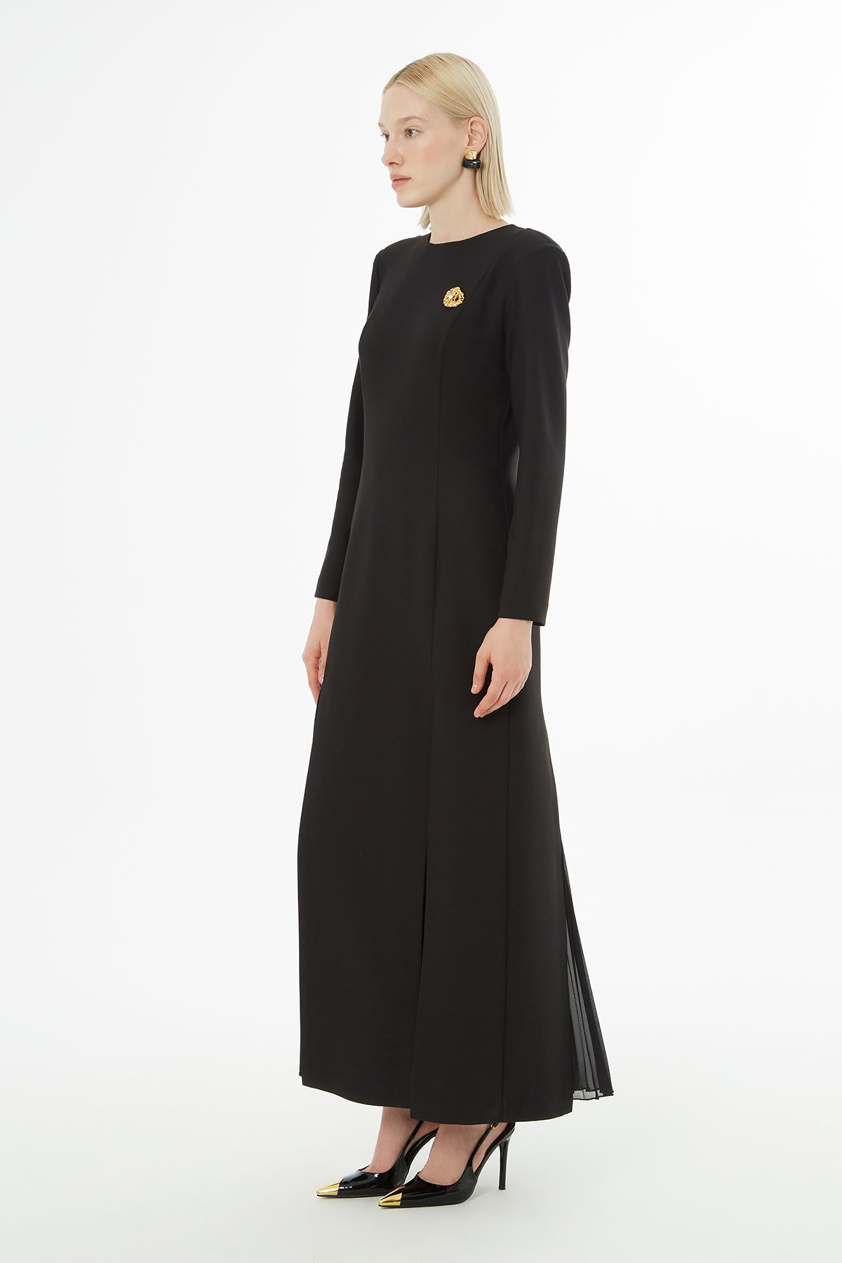 Maxi Dress with Brooch and Pleated Details