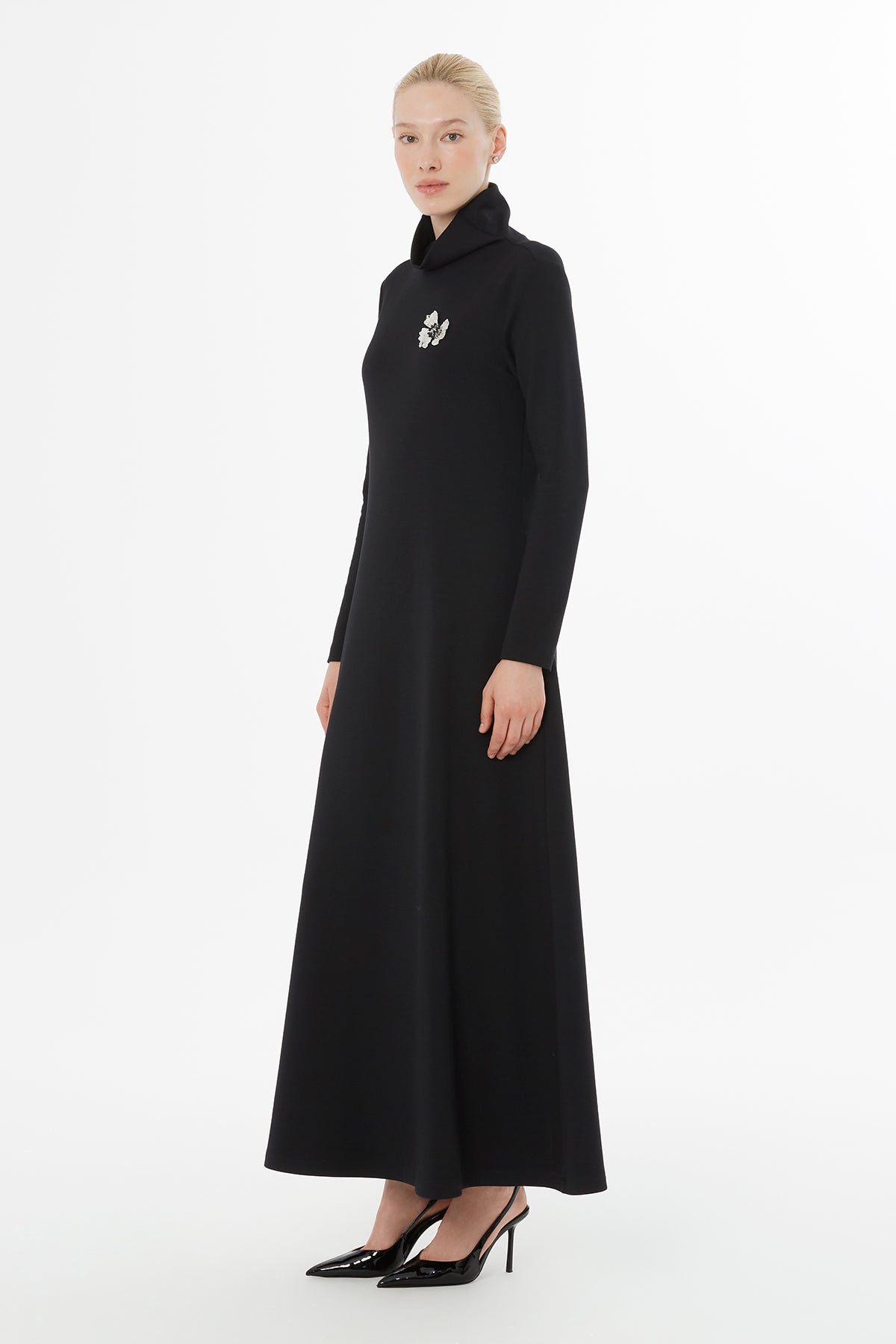 Black Turtleneck Long Dress with Brooch