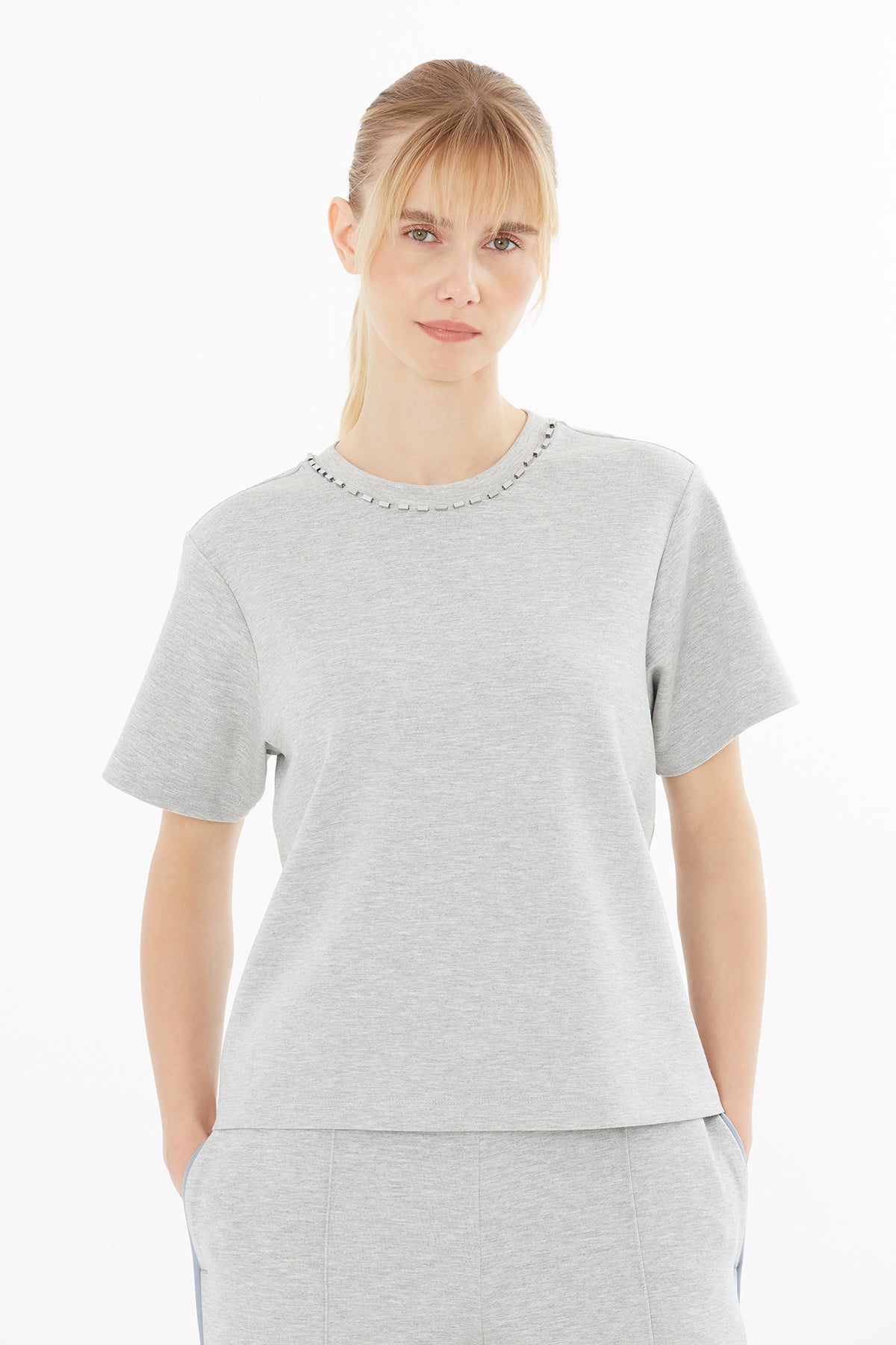 Grey Short-Sleeved Blouse with Beading