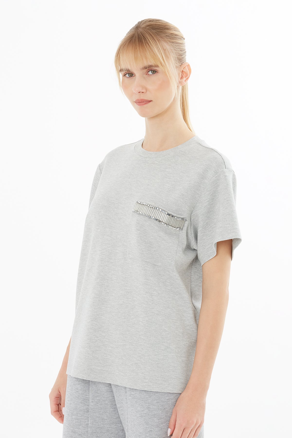 Gray Blouse with Beaded Pocket Detail