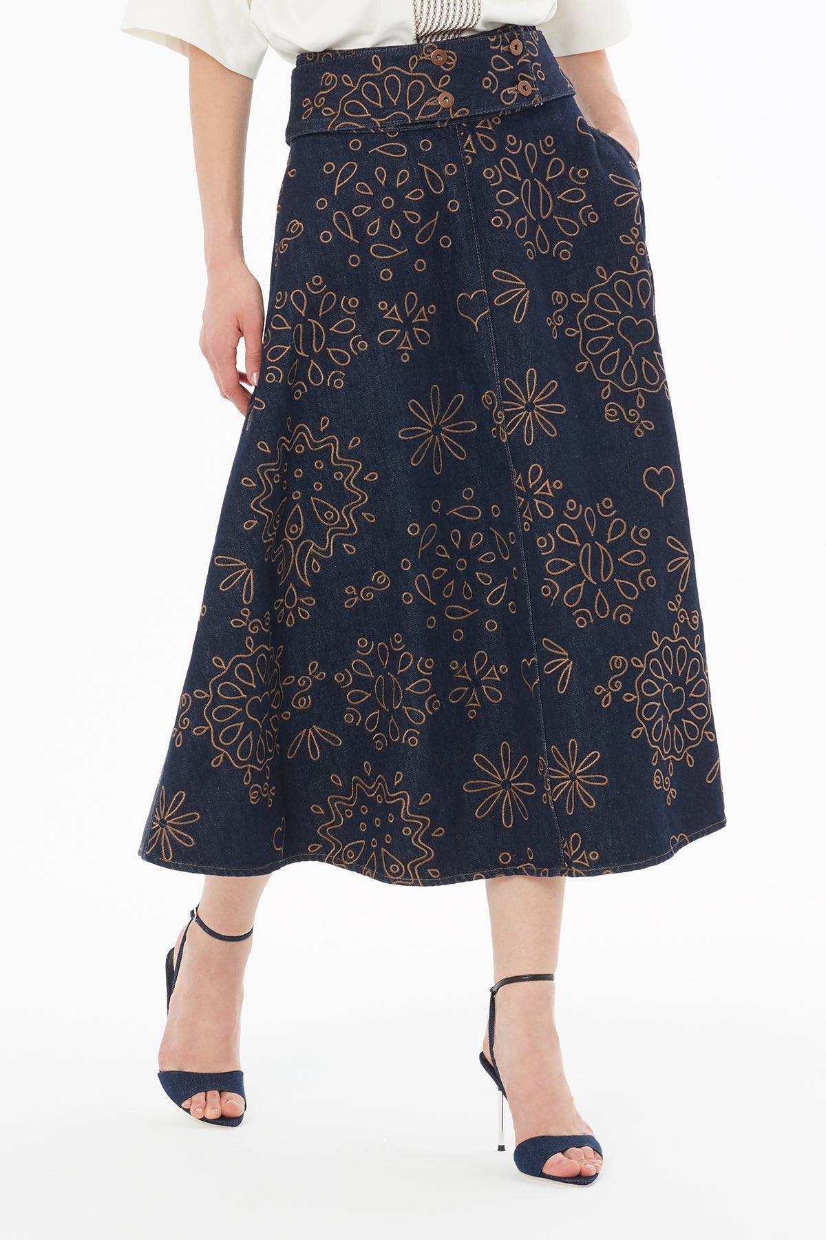 Printed Bell-Shaped Denim Midi Skirt