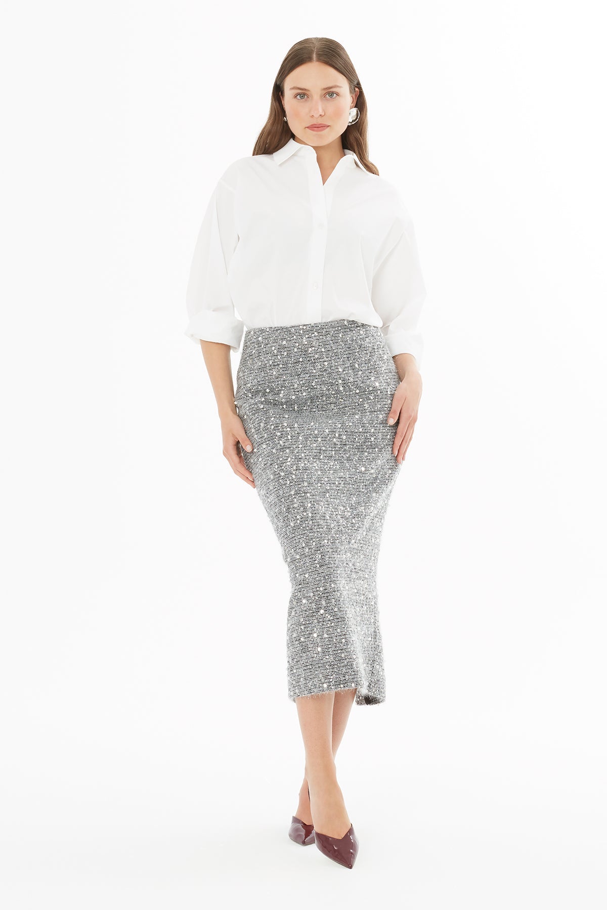 Grey Zip-Up Midi Skirt