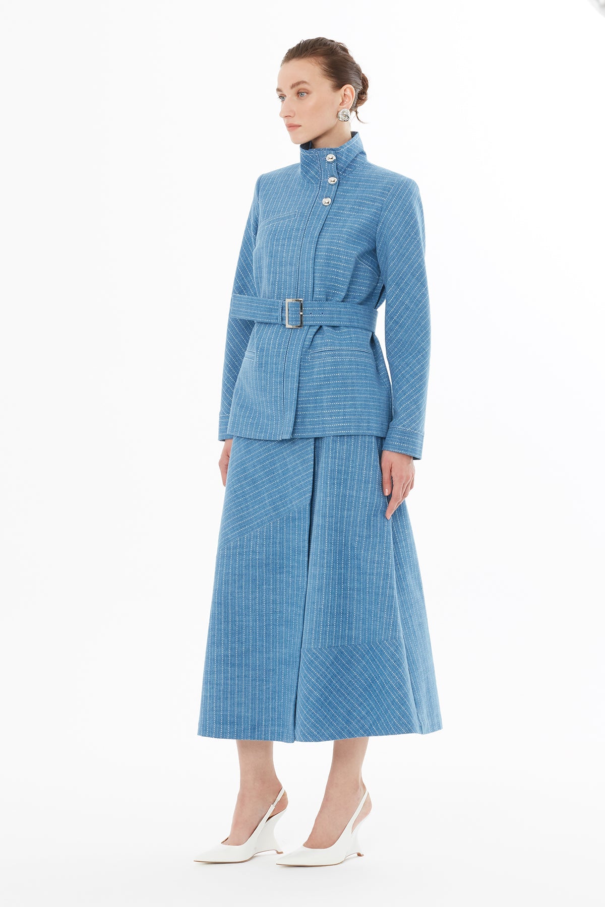 Belted Denim Jacket with Button Details