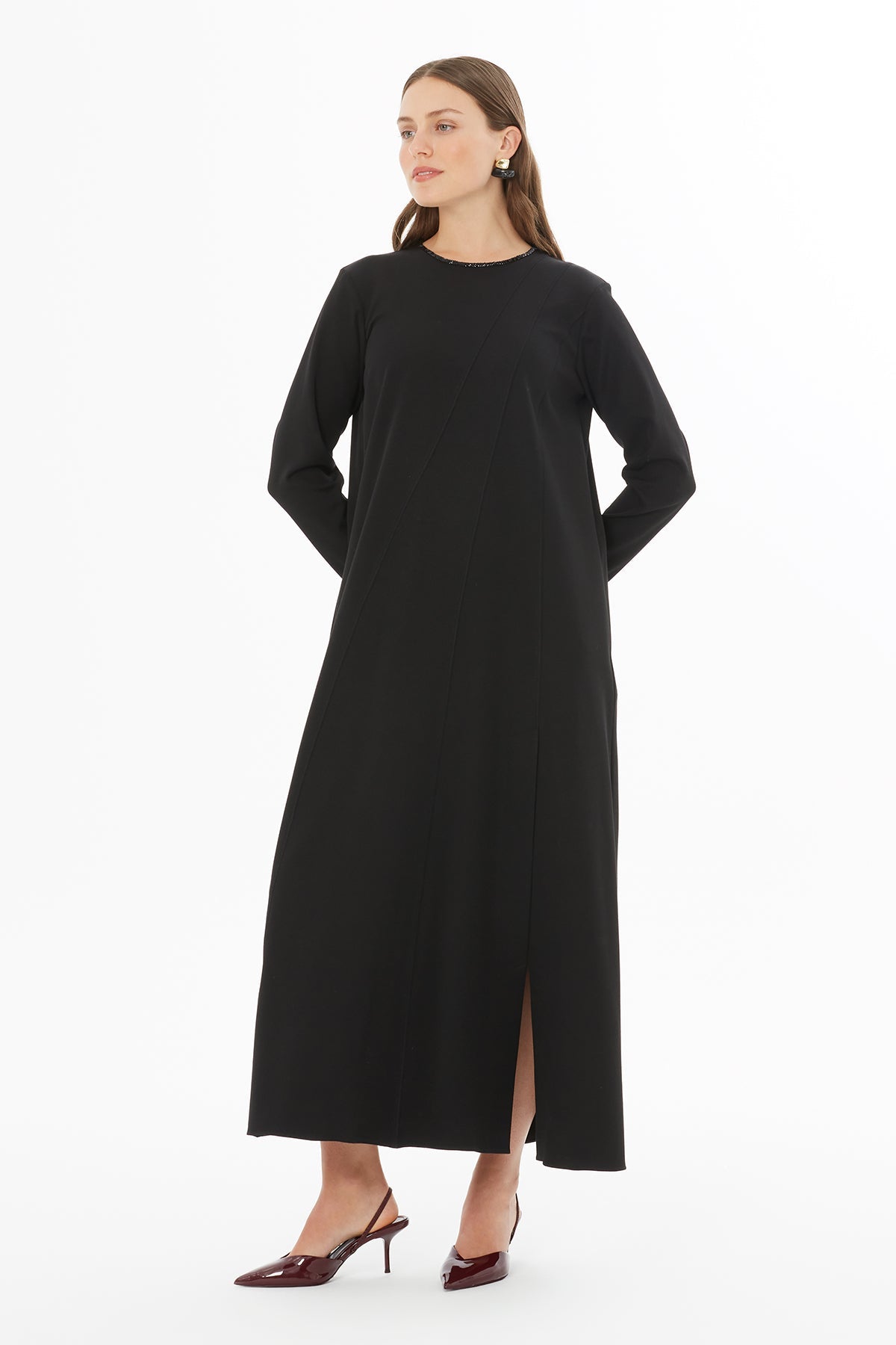Black Round-Neck Beaded Midi Dress