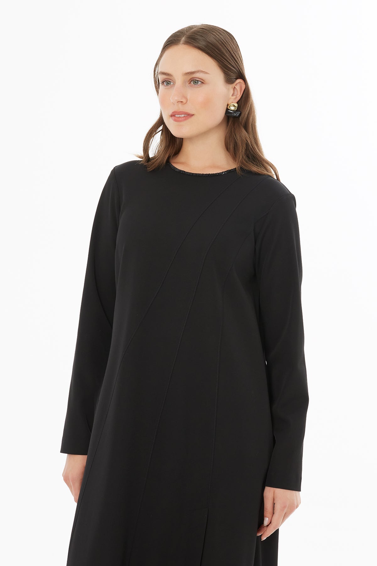 Black Round-Neck Beaded Midi Dress