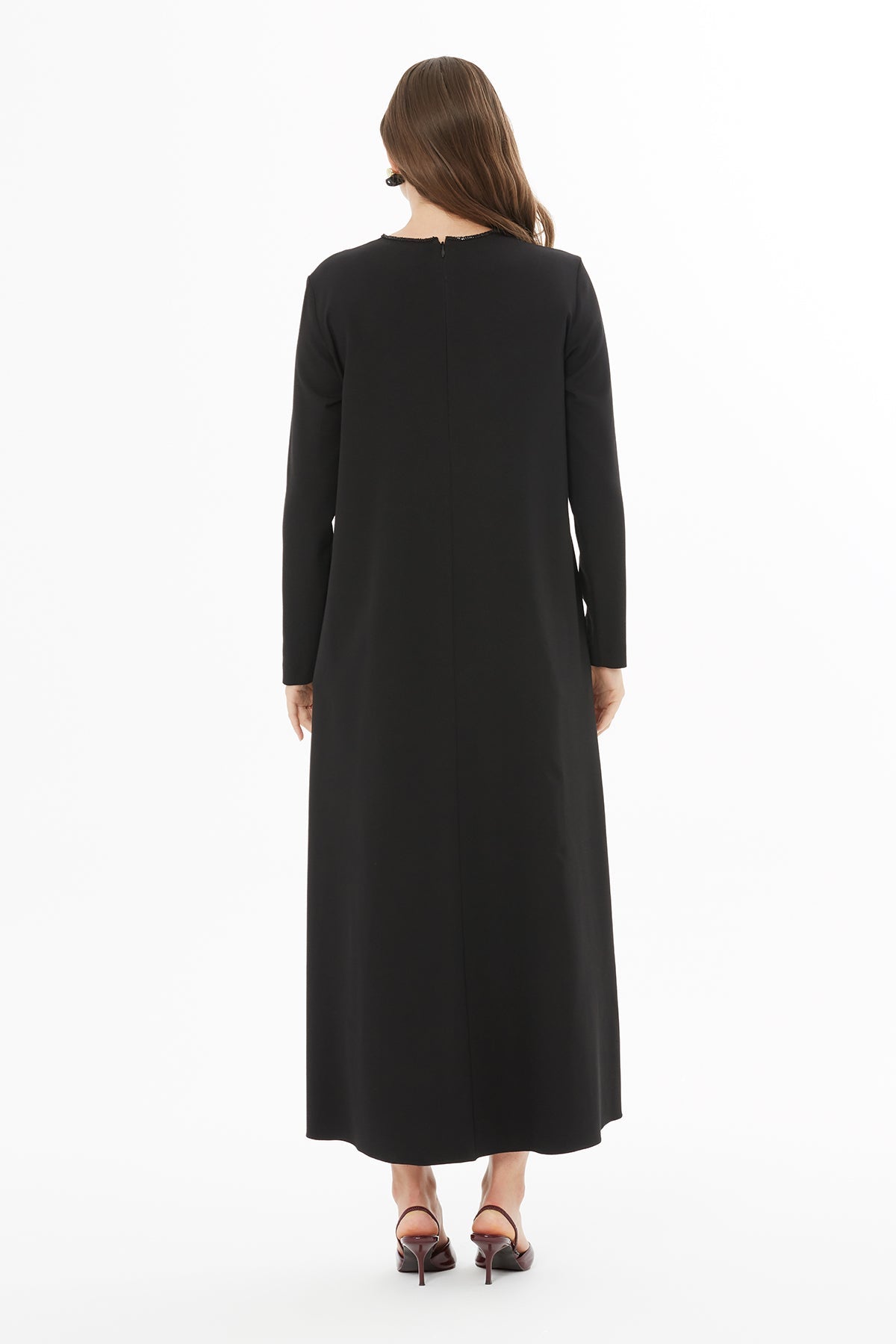 Black Round-Neck Beaded Midi Dress