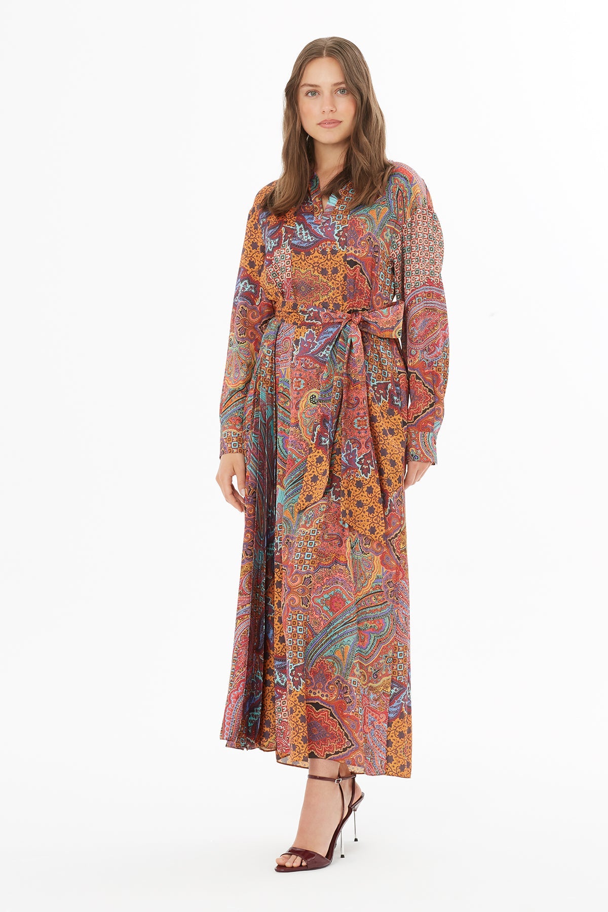 Printed Pleated Belted Maxi Dress