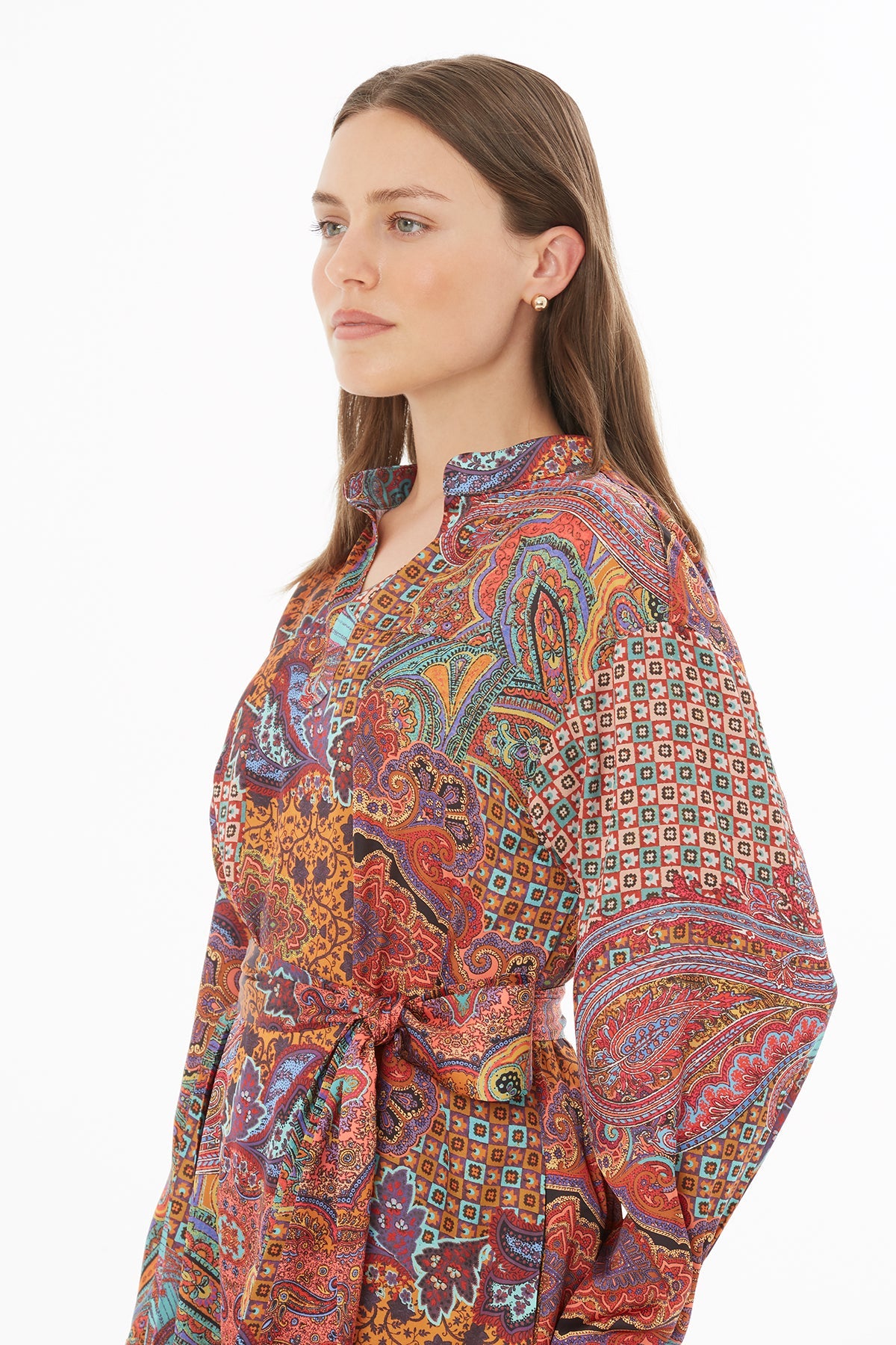 Printed Pleated Belted Maxi Dress