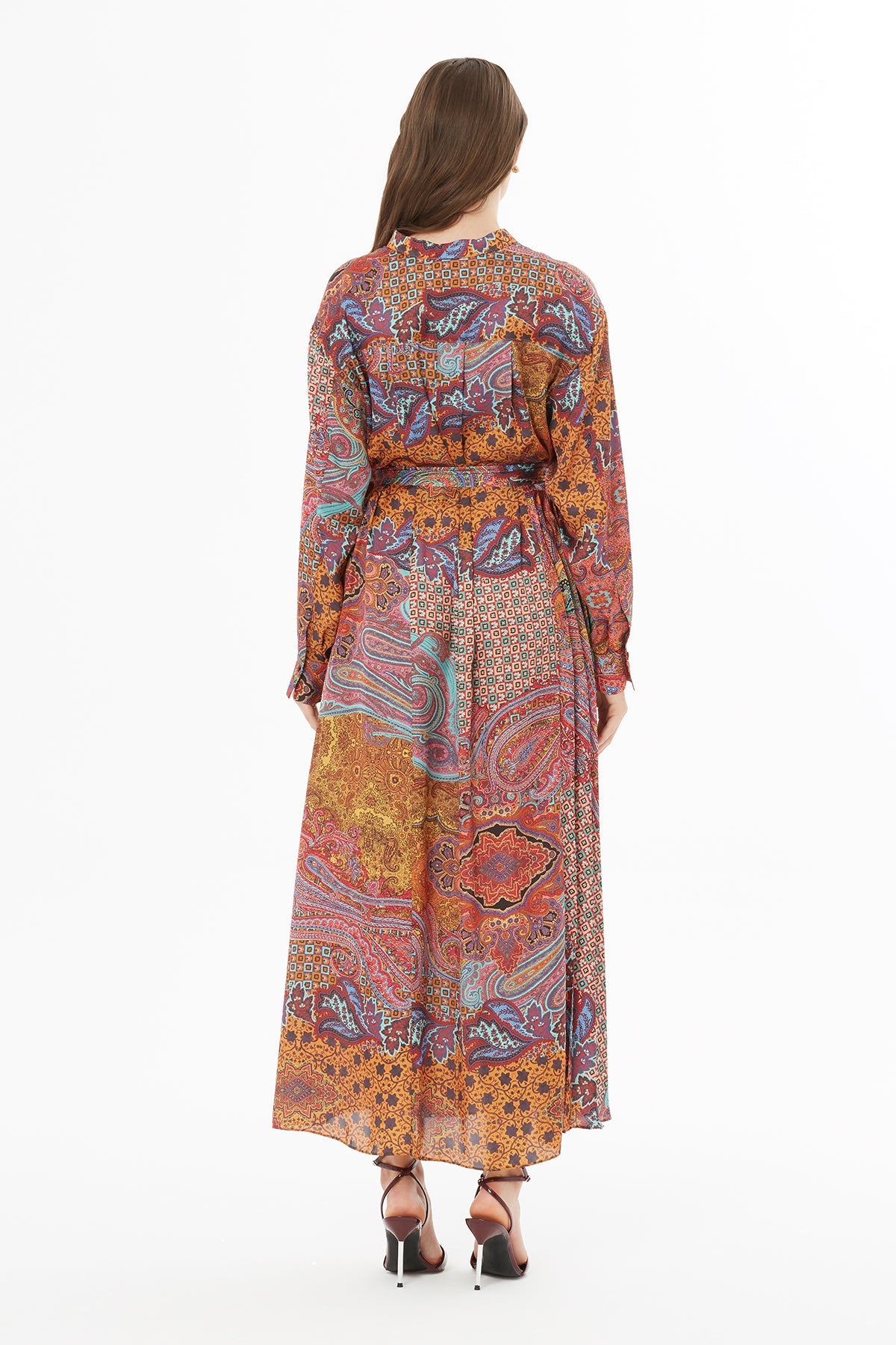 Printed Pleated Belted Maxi Dress