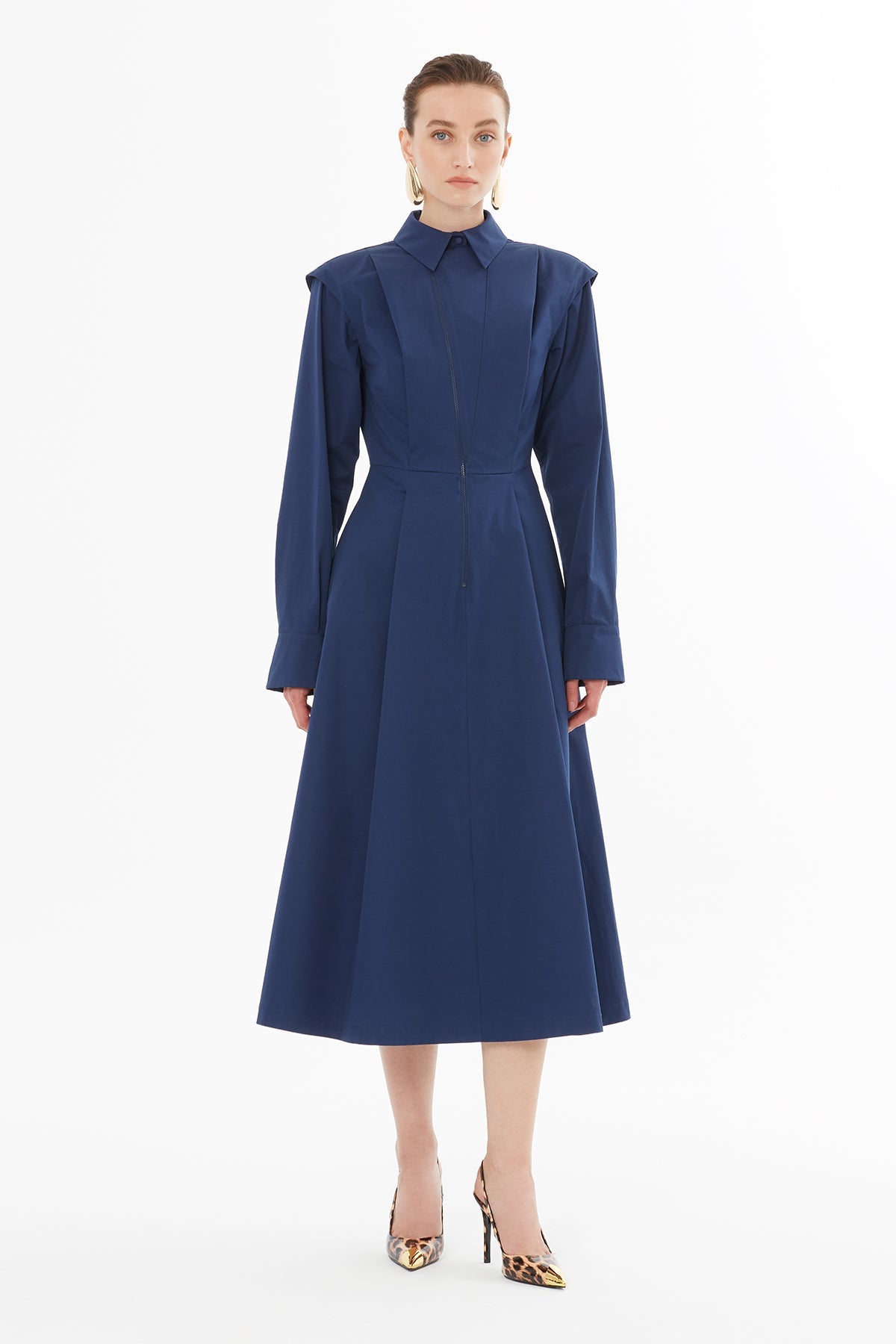 Navy Shirt-Collar Asymmetrical Midi Dress