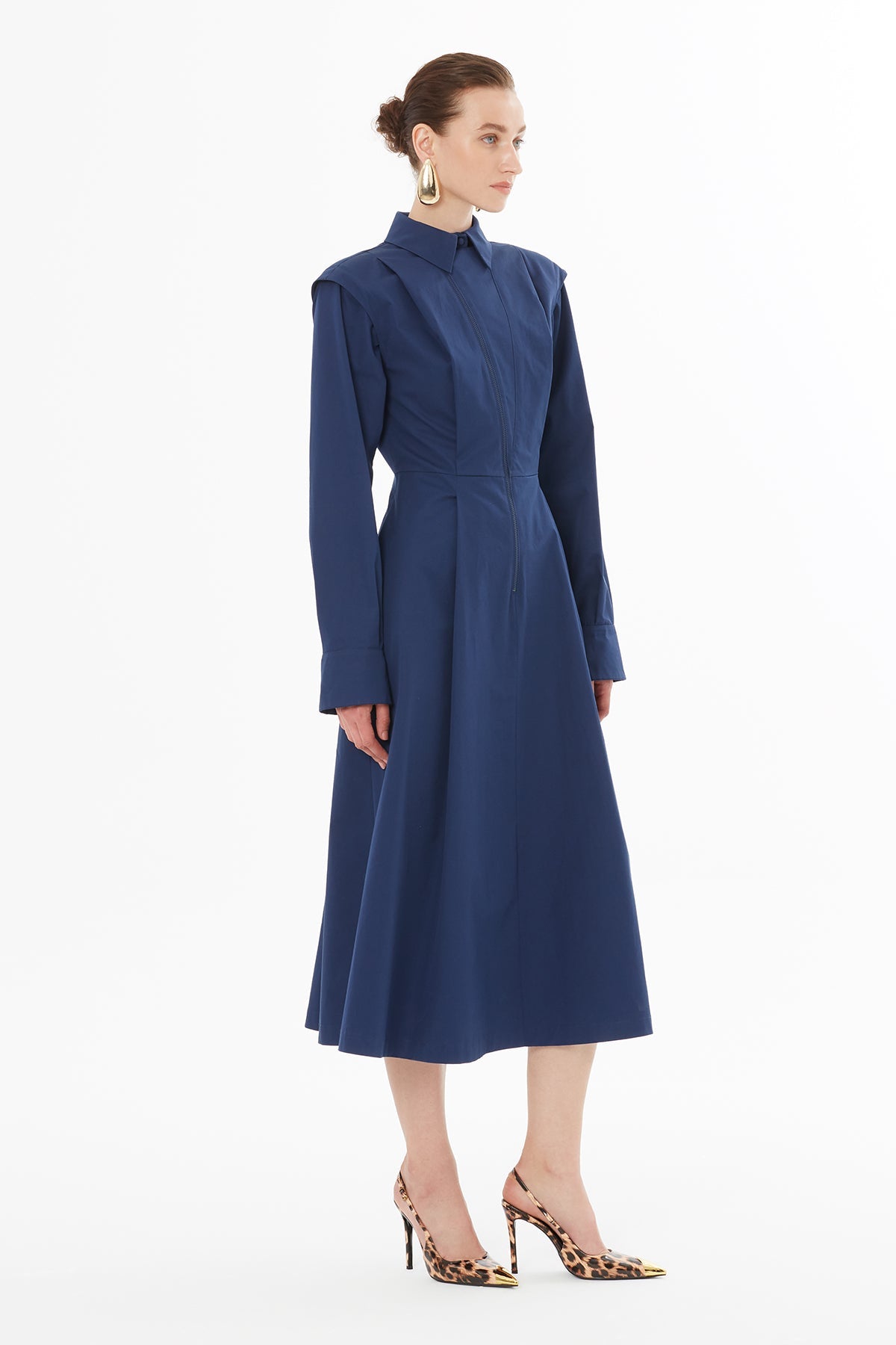 Navy Shirt-Collar Asymmetrical Midi Dress