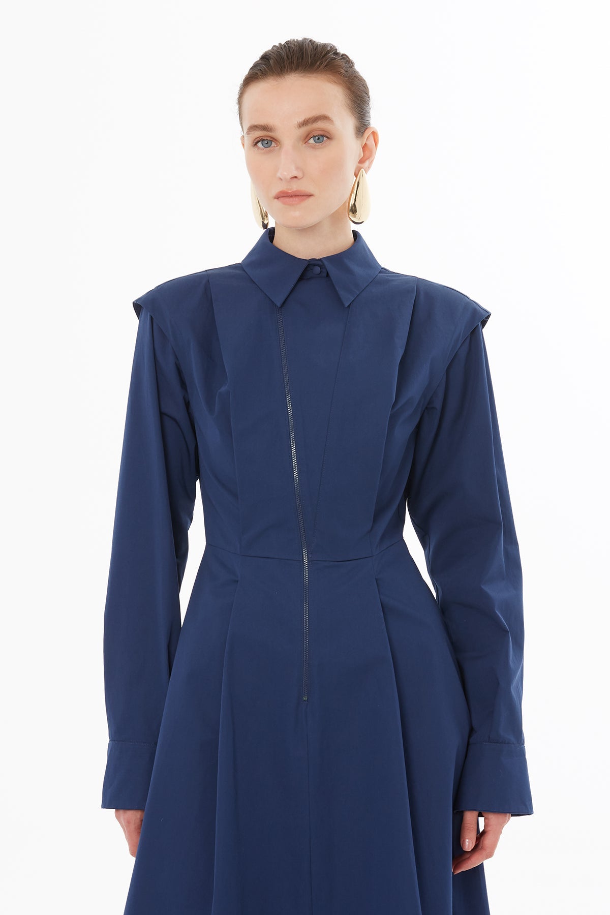 Navy Shirt-Collar Asymmetrical Midi Dress