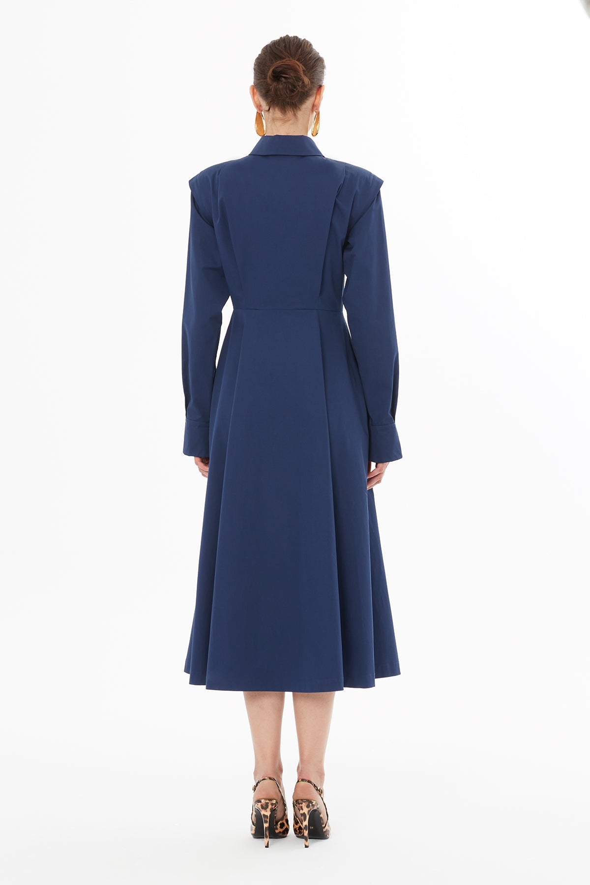 Navy Shirt-Collar Asymmetrical Midi Dress