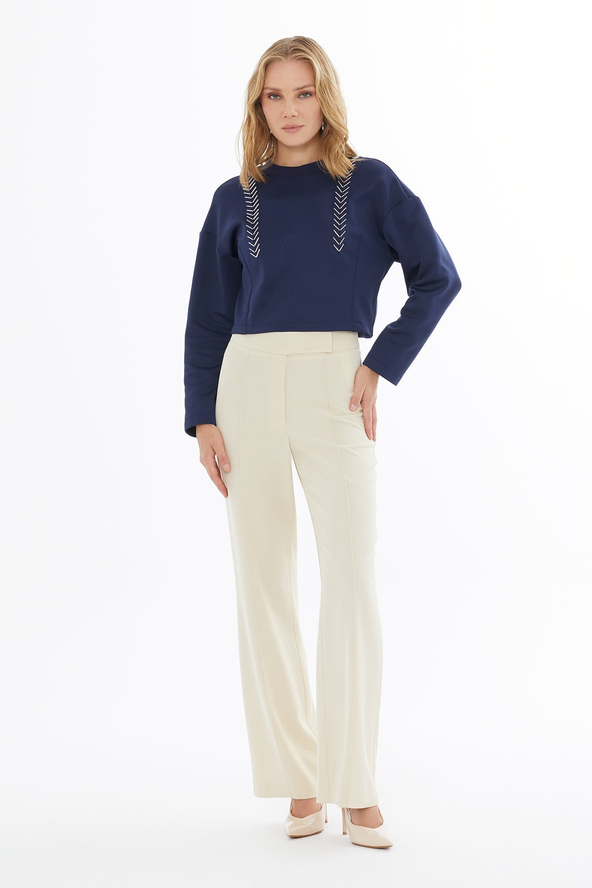 Navy Crop Blouse with Bead Details