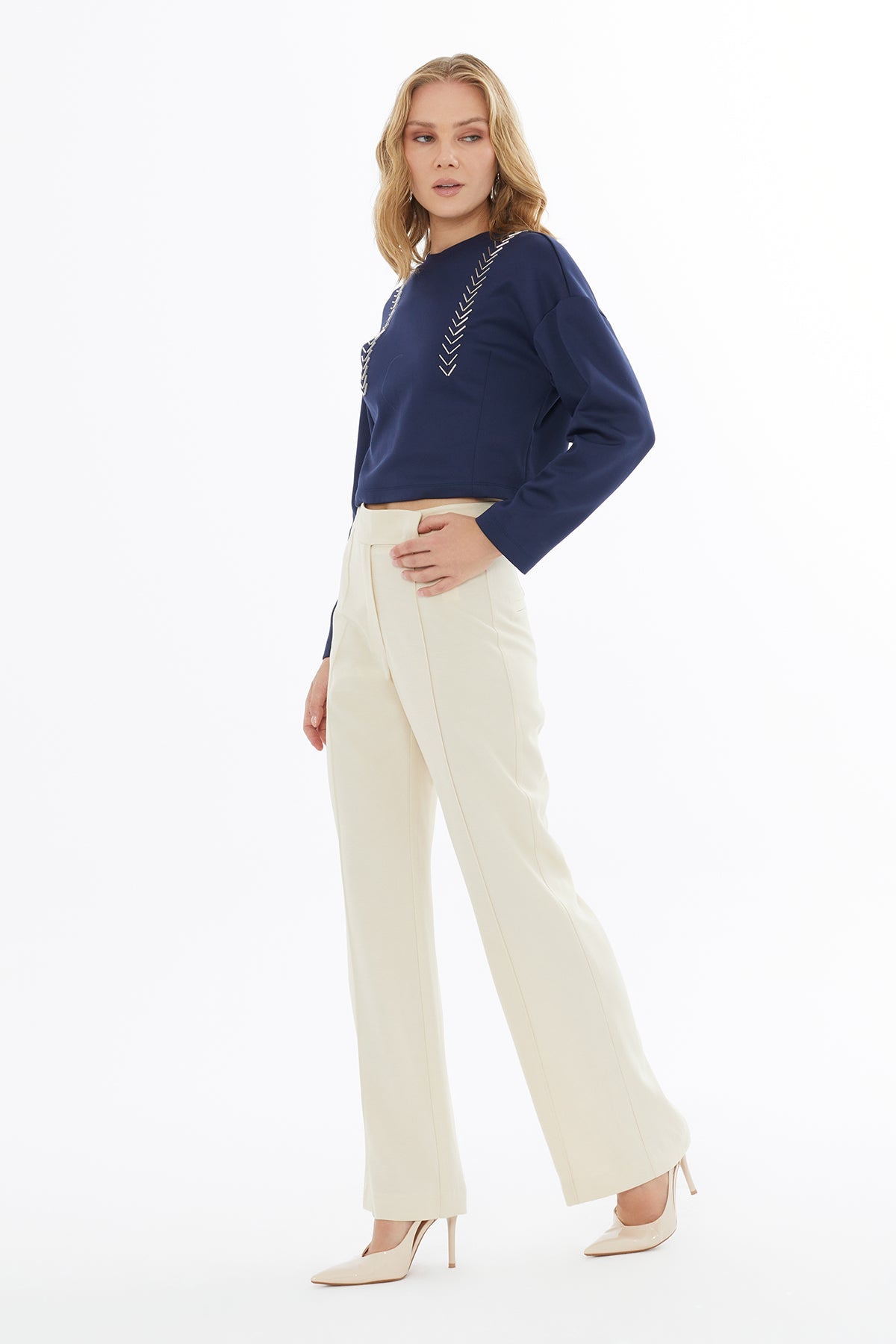 Navy Crop Blouse with Bead Details