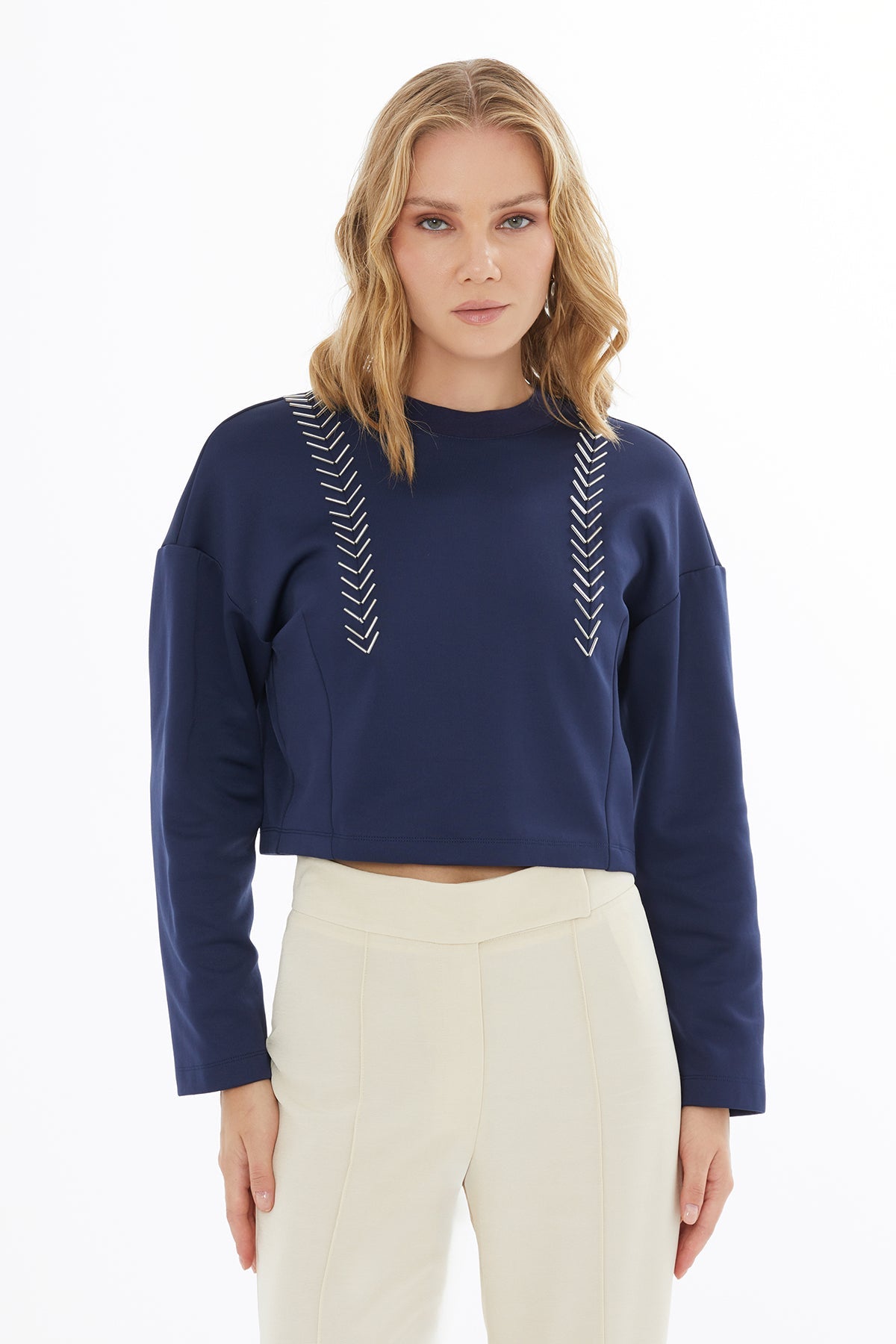 Navy Crop Blouse with Bead Details