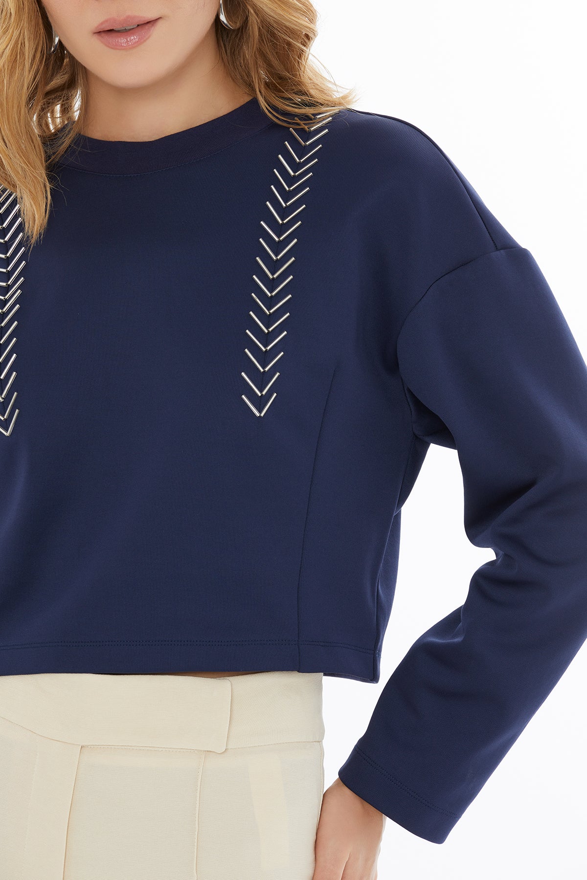 Navy Crop Blouse with Bead Details