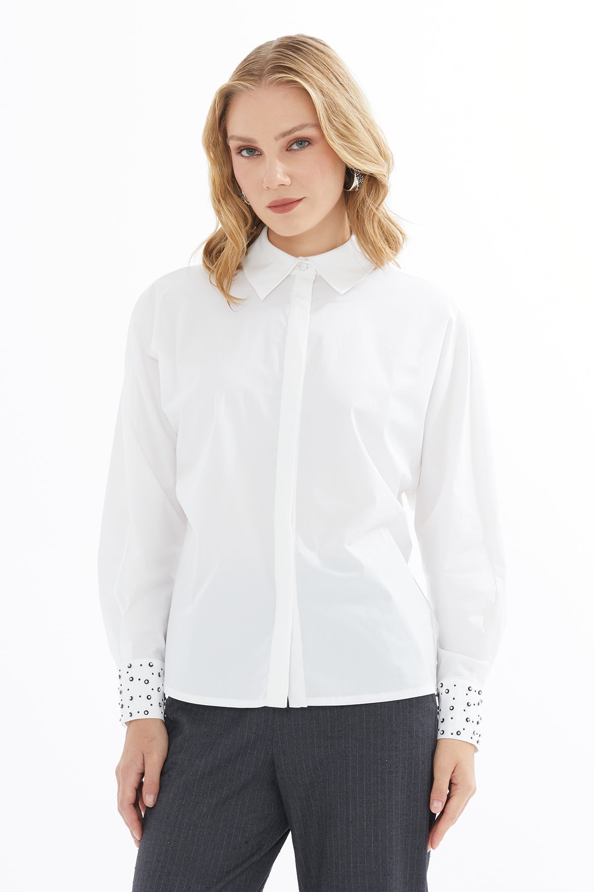 White Shirt with Embroidered Sleeves