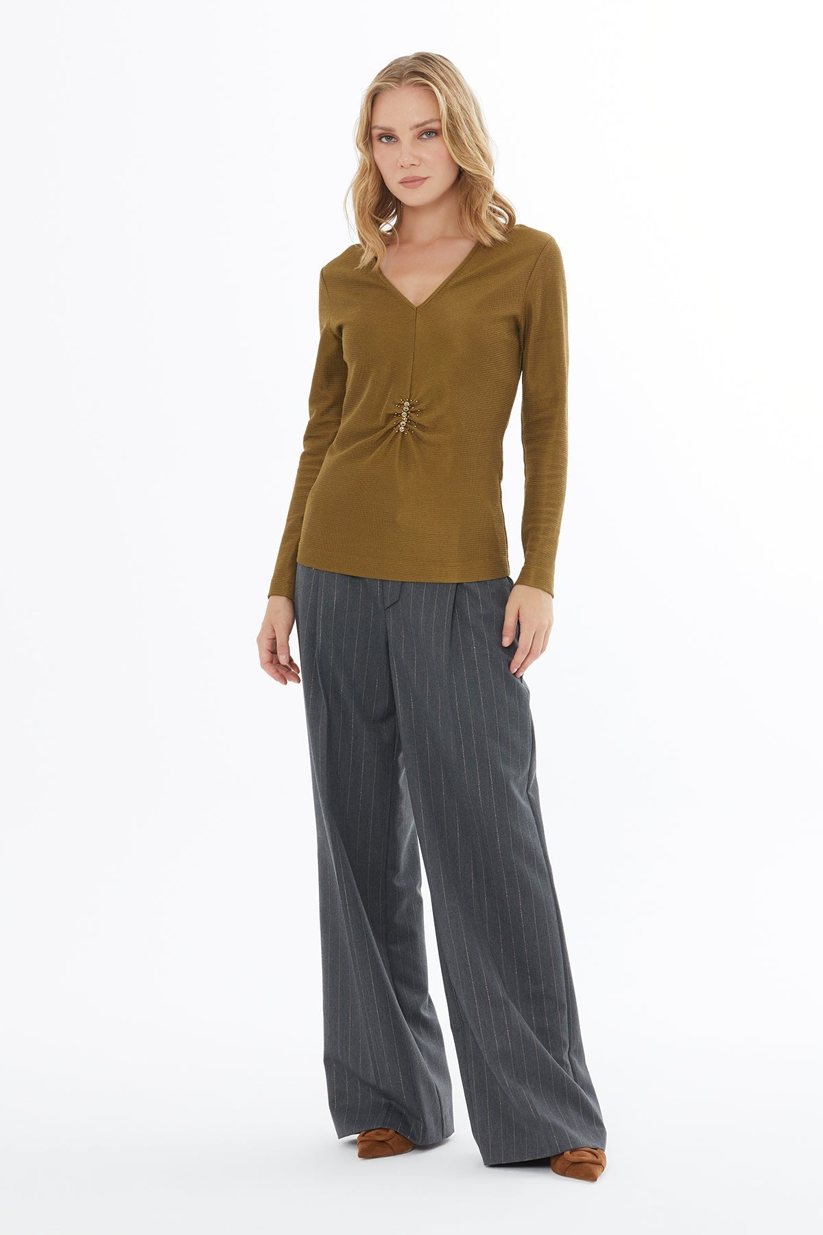 Khaki V-Neck Blouse with Stone Detailing