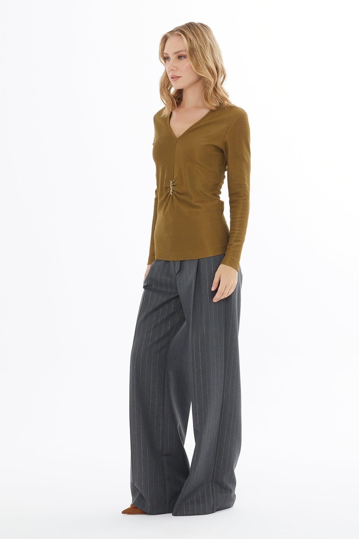 Khaki V-Neck Blouse with Stone Detailing