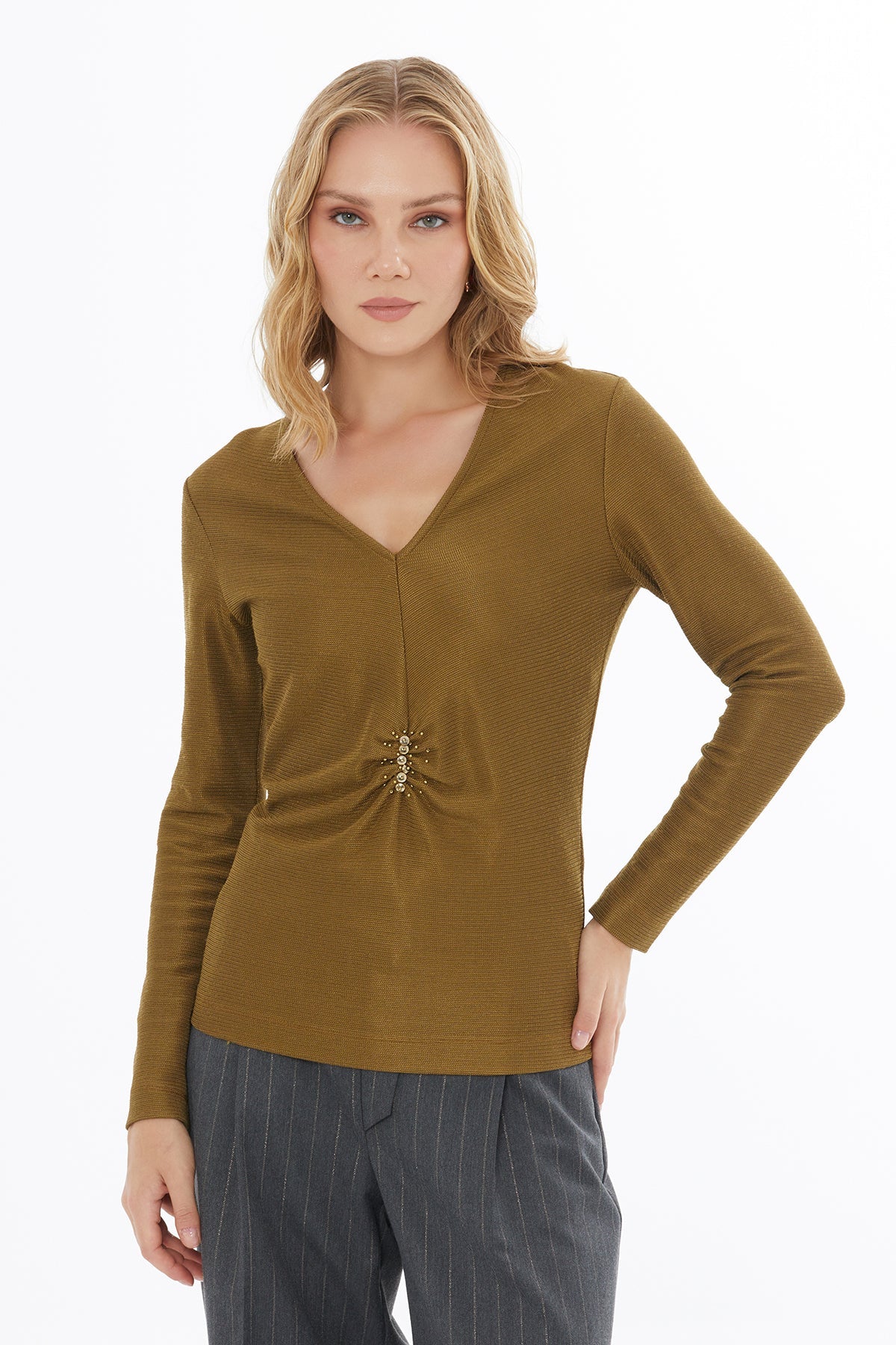 Khaki V-Neck Blouse with Stone Detailing
