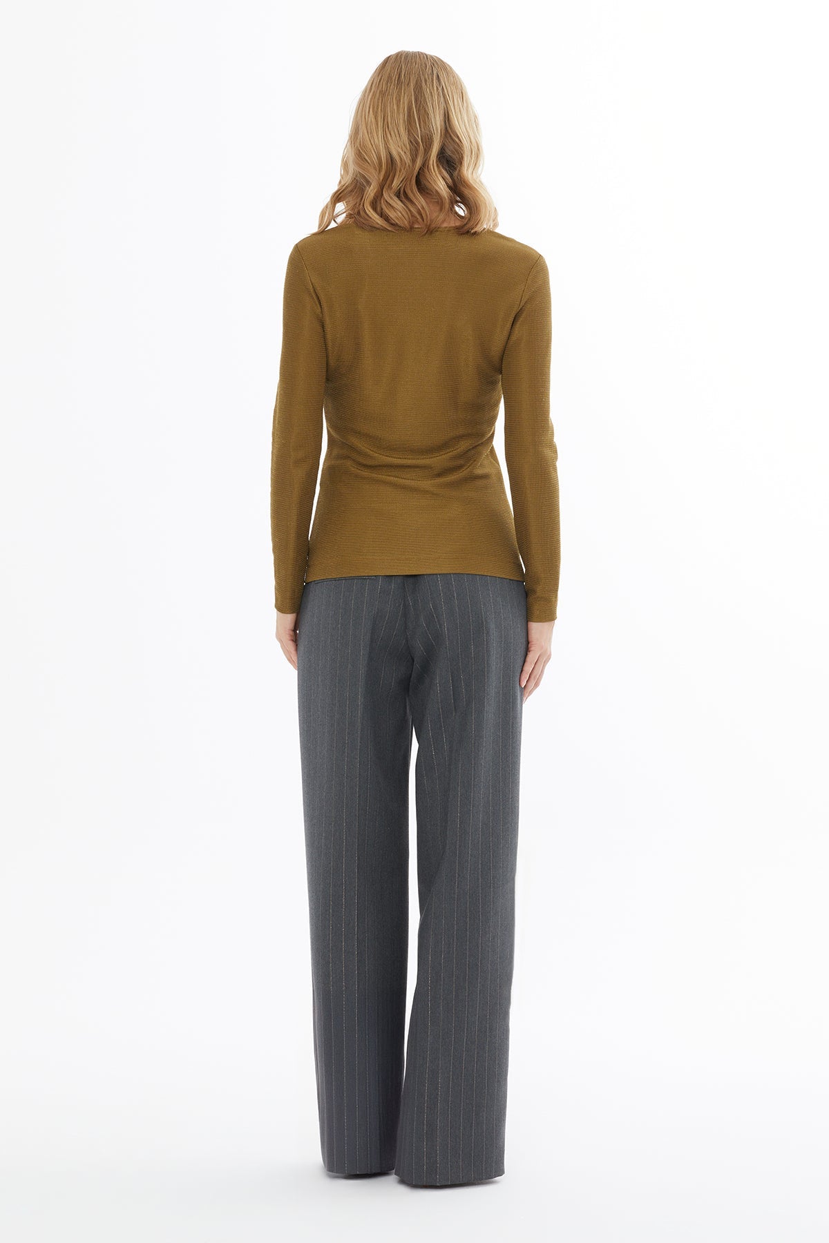 Khaki V-Neck Blouse with Stone Detailing