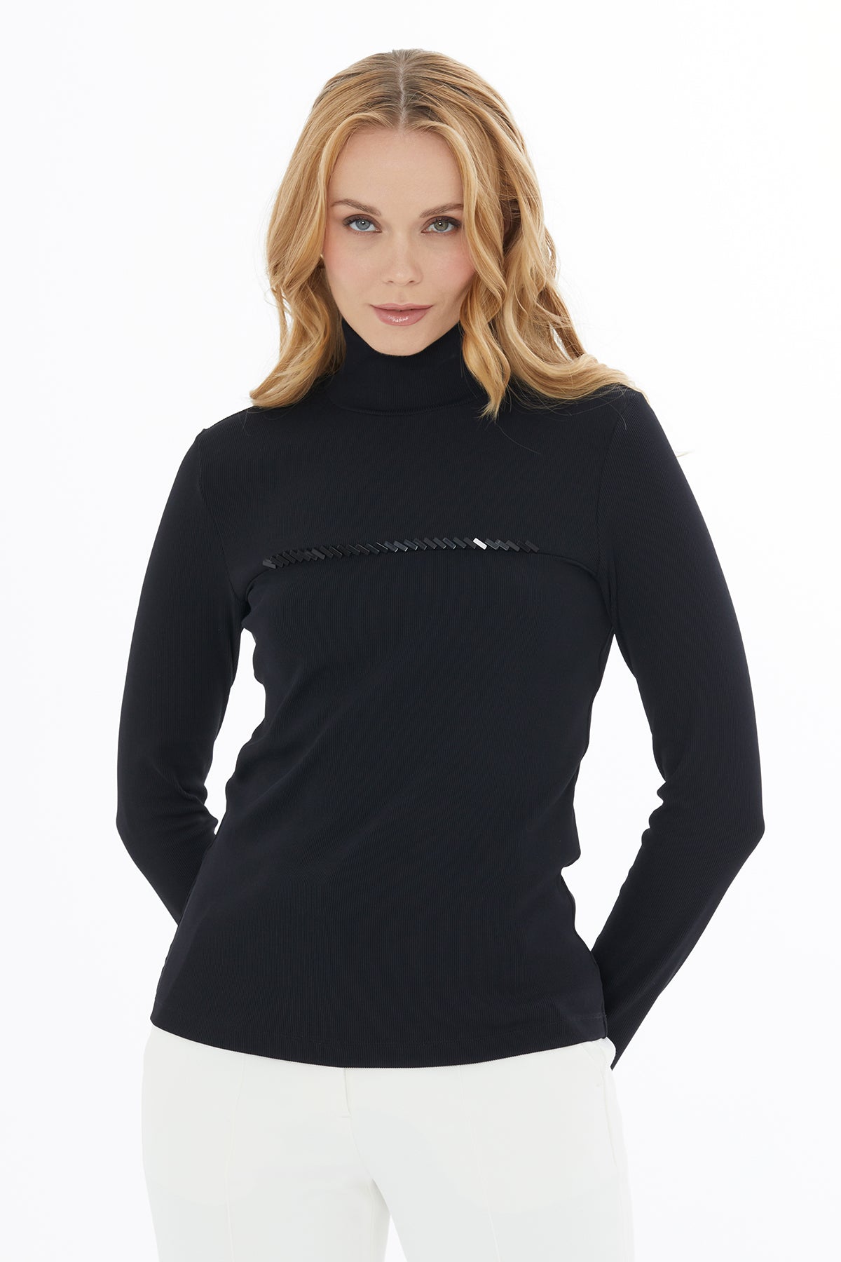 Black Beaded-Detail Turtleneck Blouse