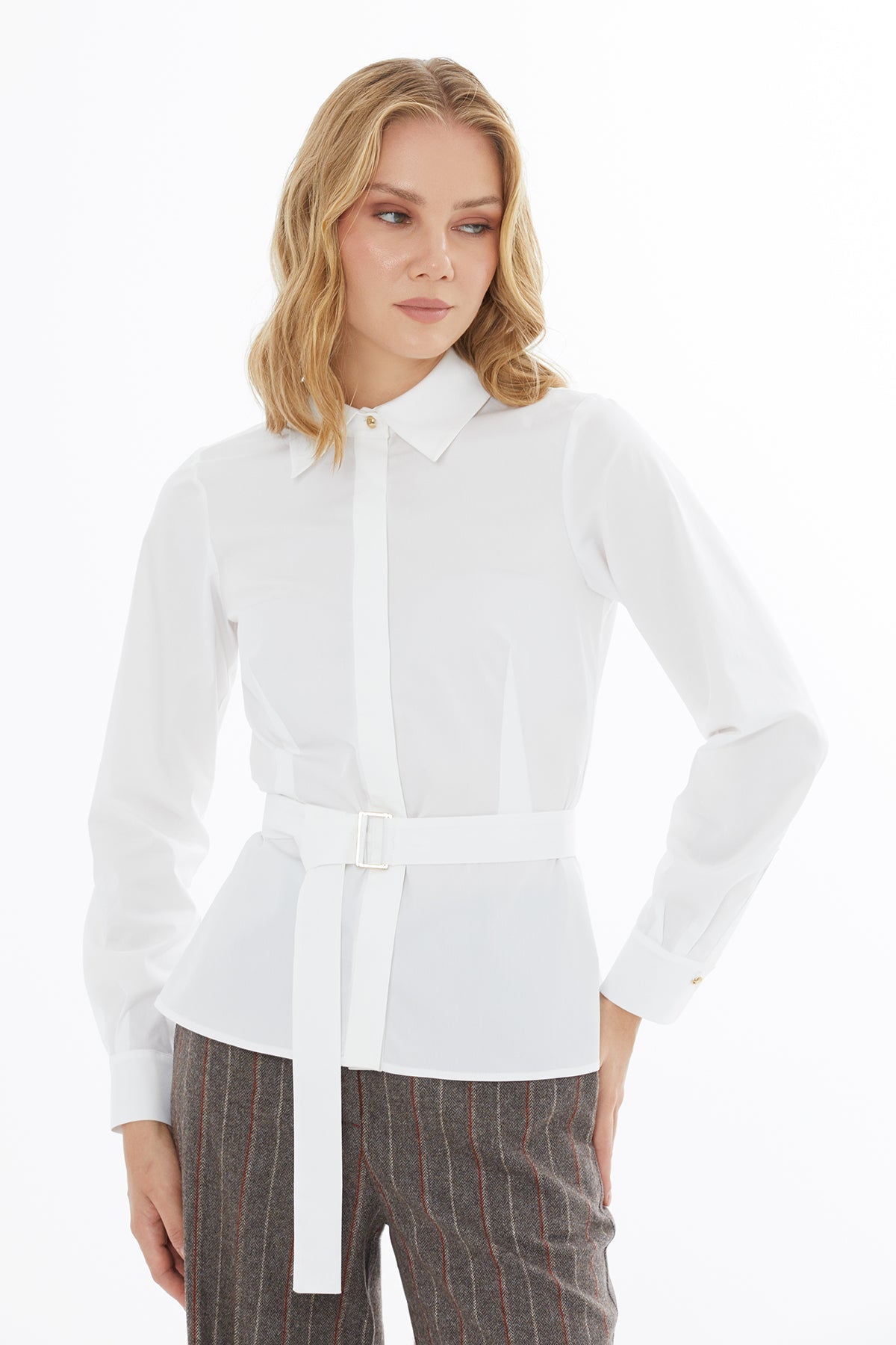 White Long-Sleeved Shirt with Belt