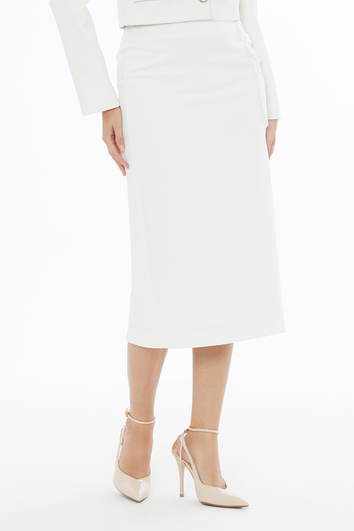 Ecru Midi Skirt with Bead Detail