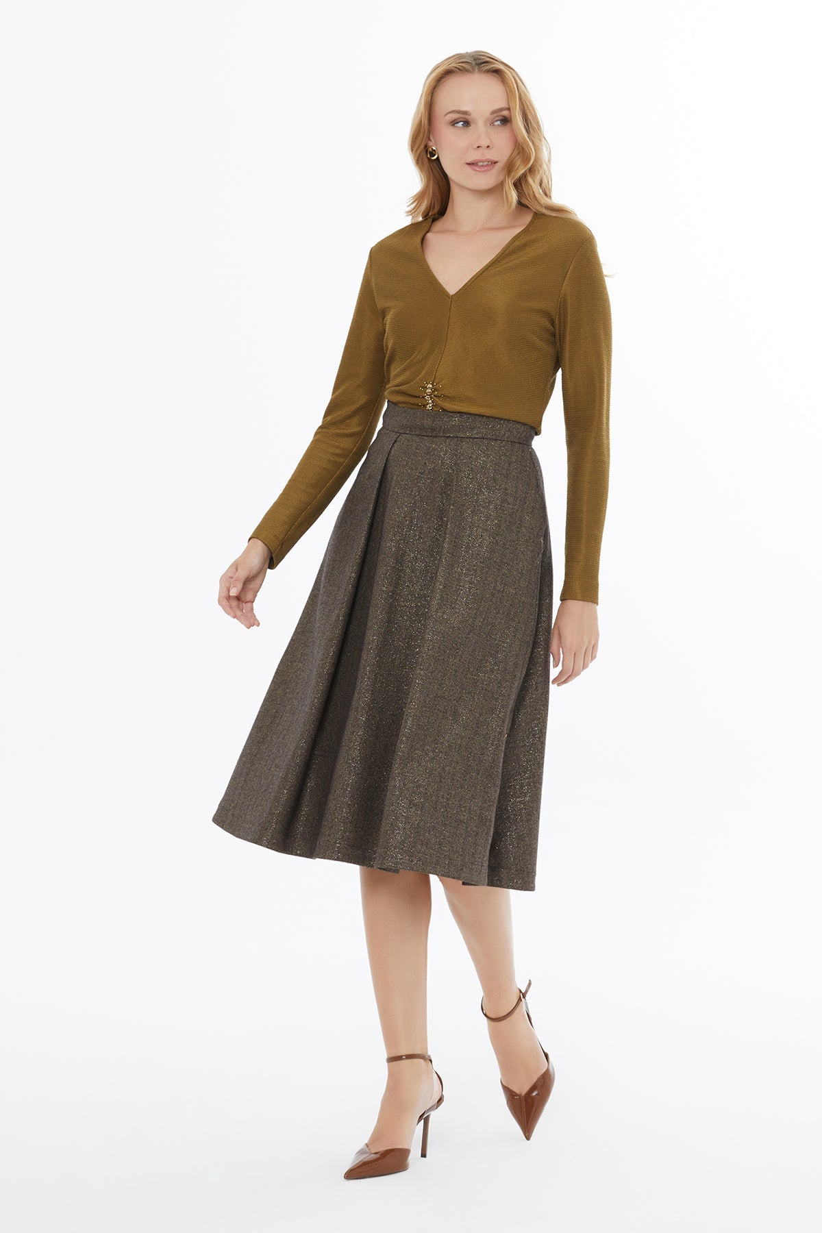 Brown Midi Skirt with Side Slit