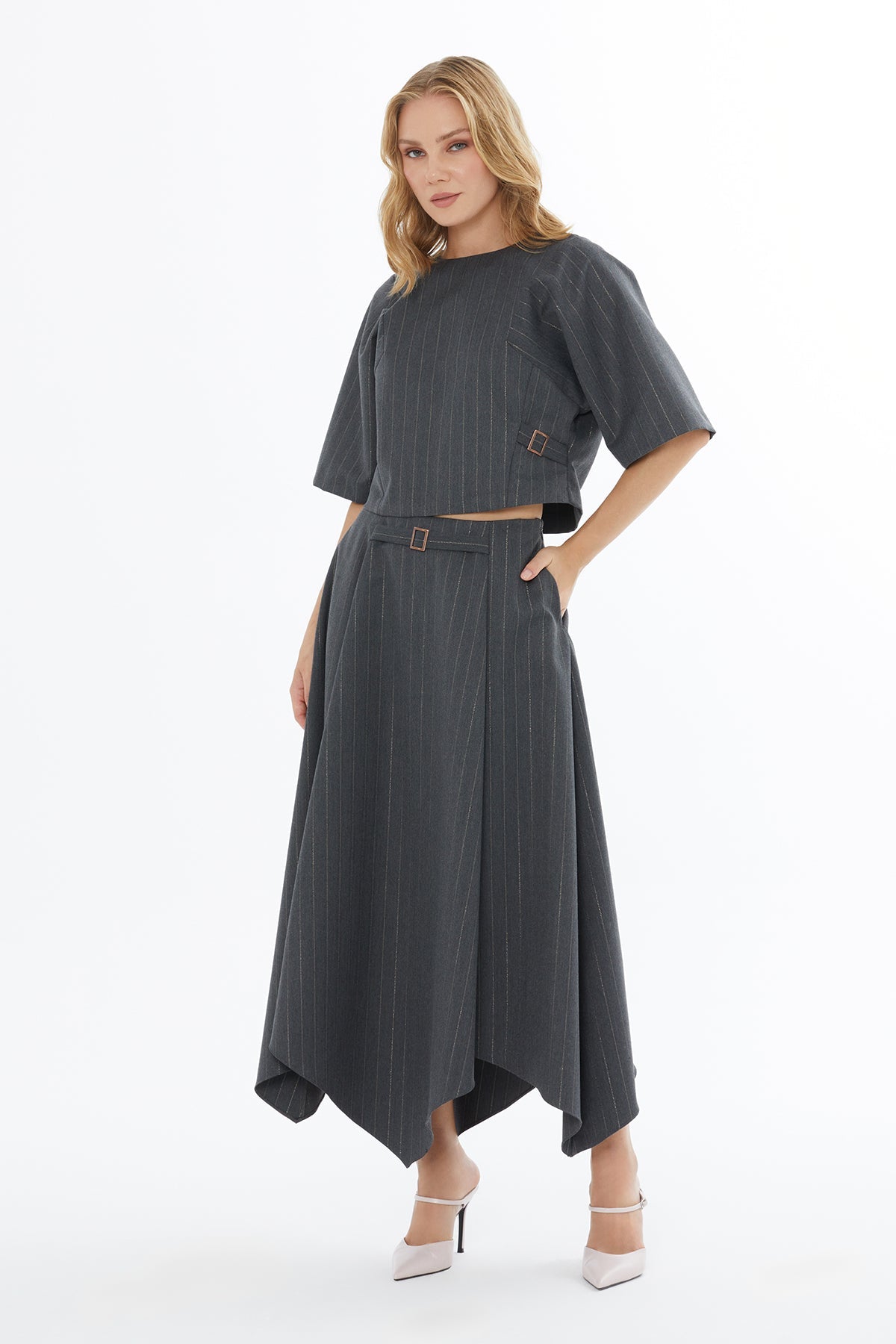 Grey Asymmetrical-Hem Pleated Midi Skirt