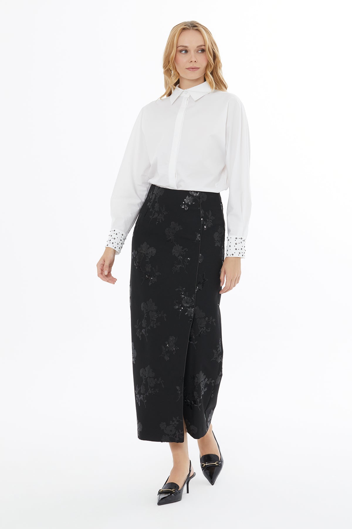 Black Embroidered Skirt with Front Slit