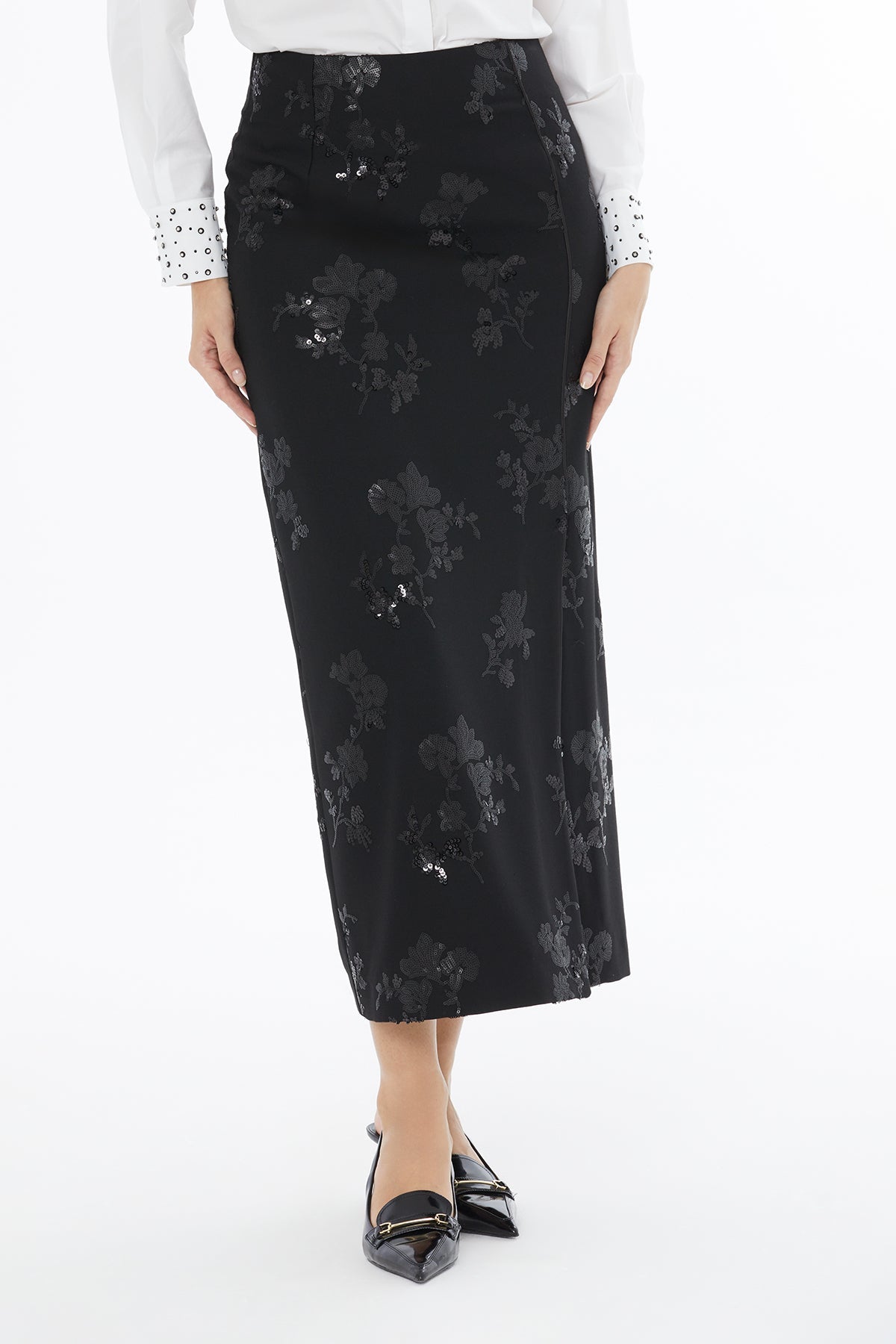 Black Embroidered Skirt with Front Slit