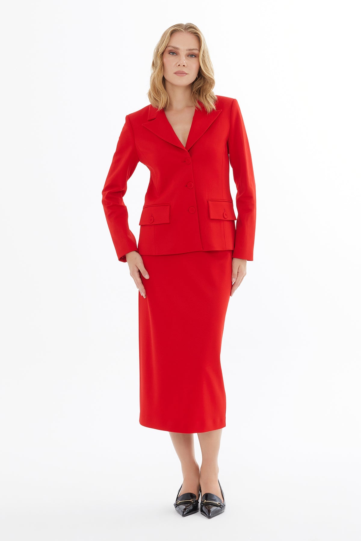 Red Button-Closure Jacket with Pockets