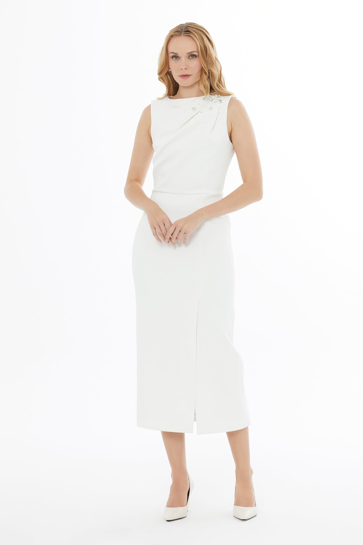 Ecru Shoulder-Drape Midi Dress