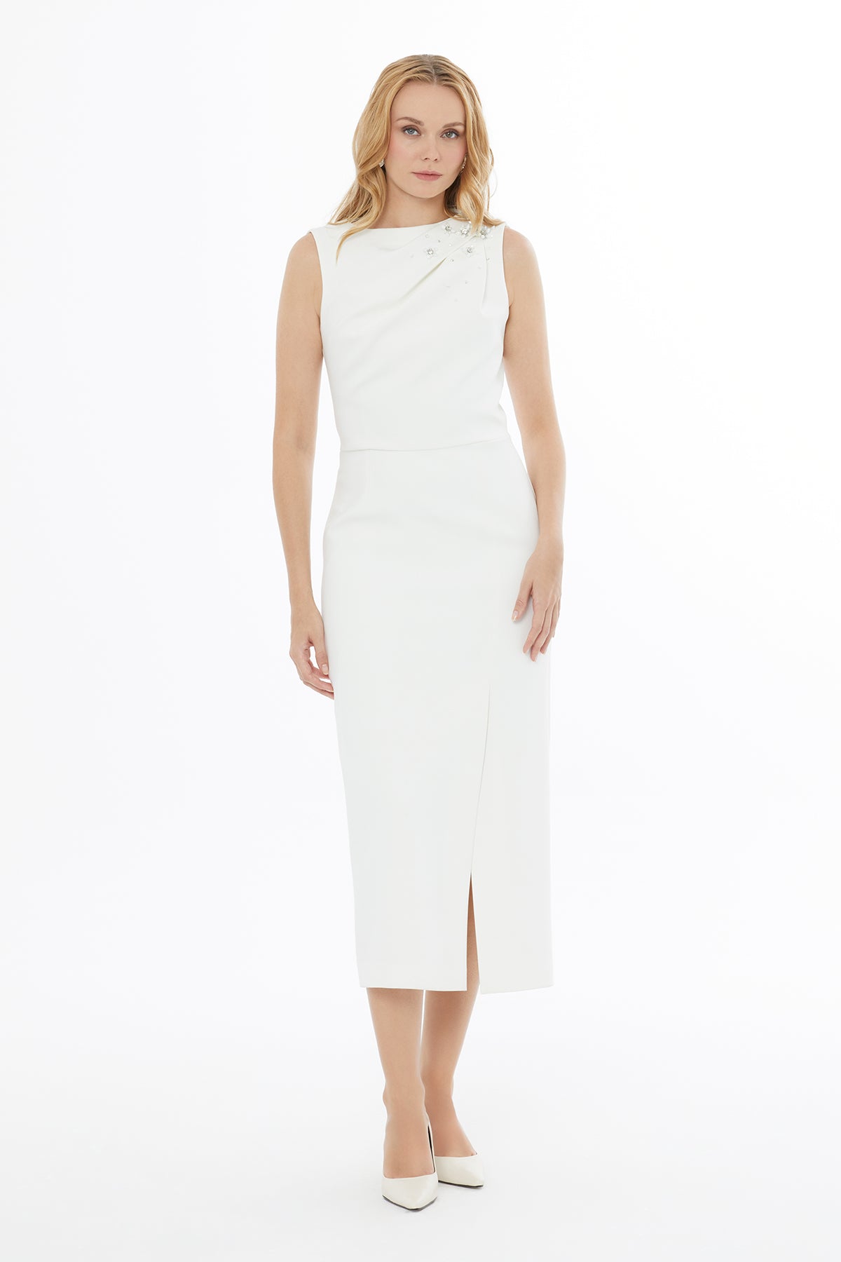 Ecru Shoulder-Drape Midi Dress