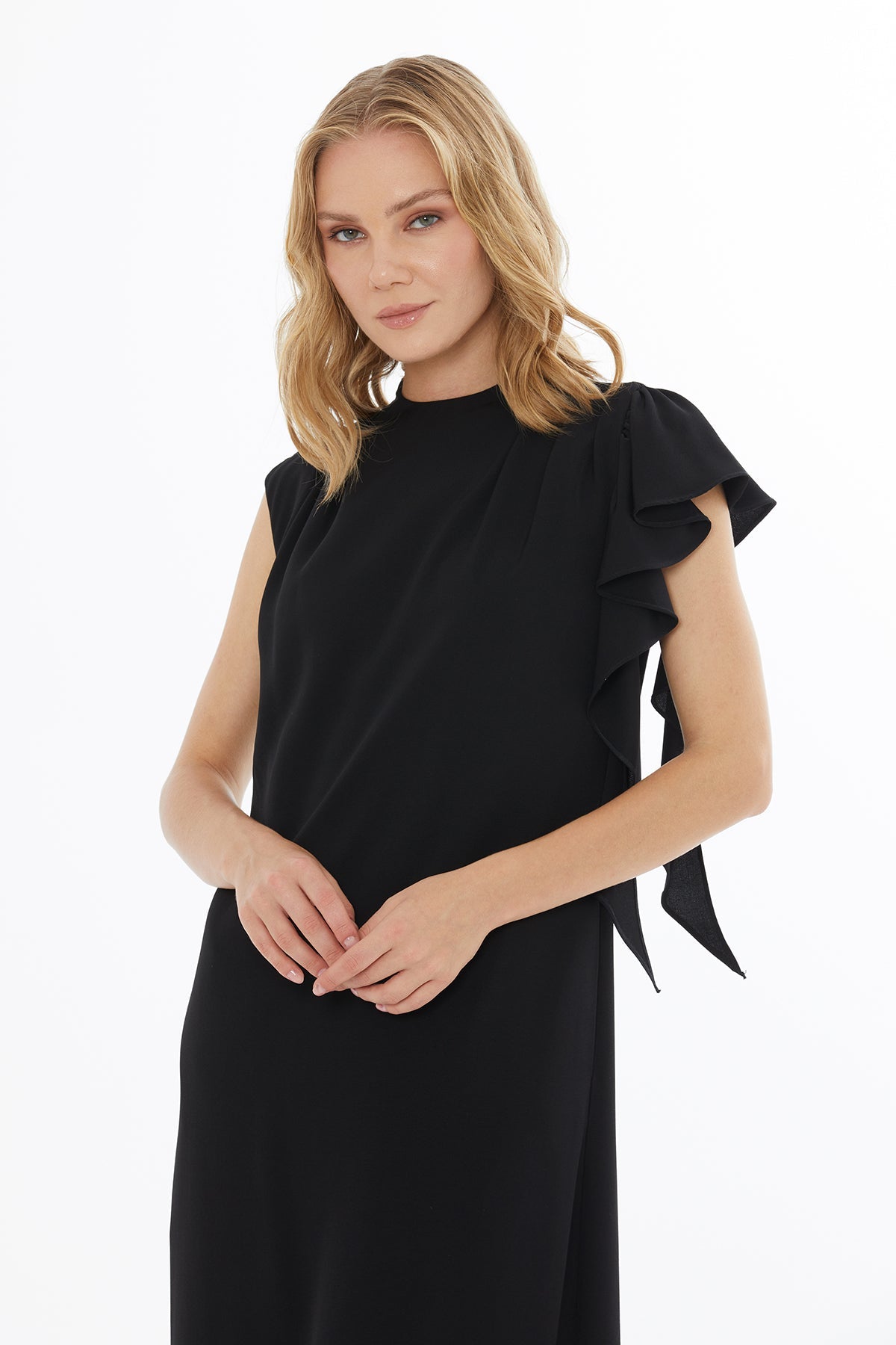 Black Long Dress with Ruffle Detaily0