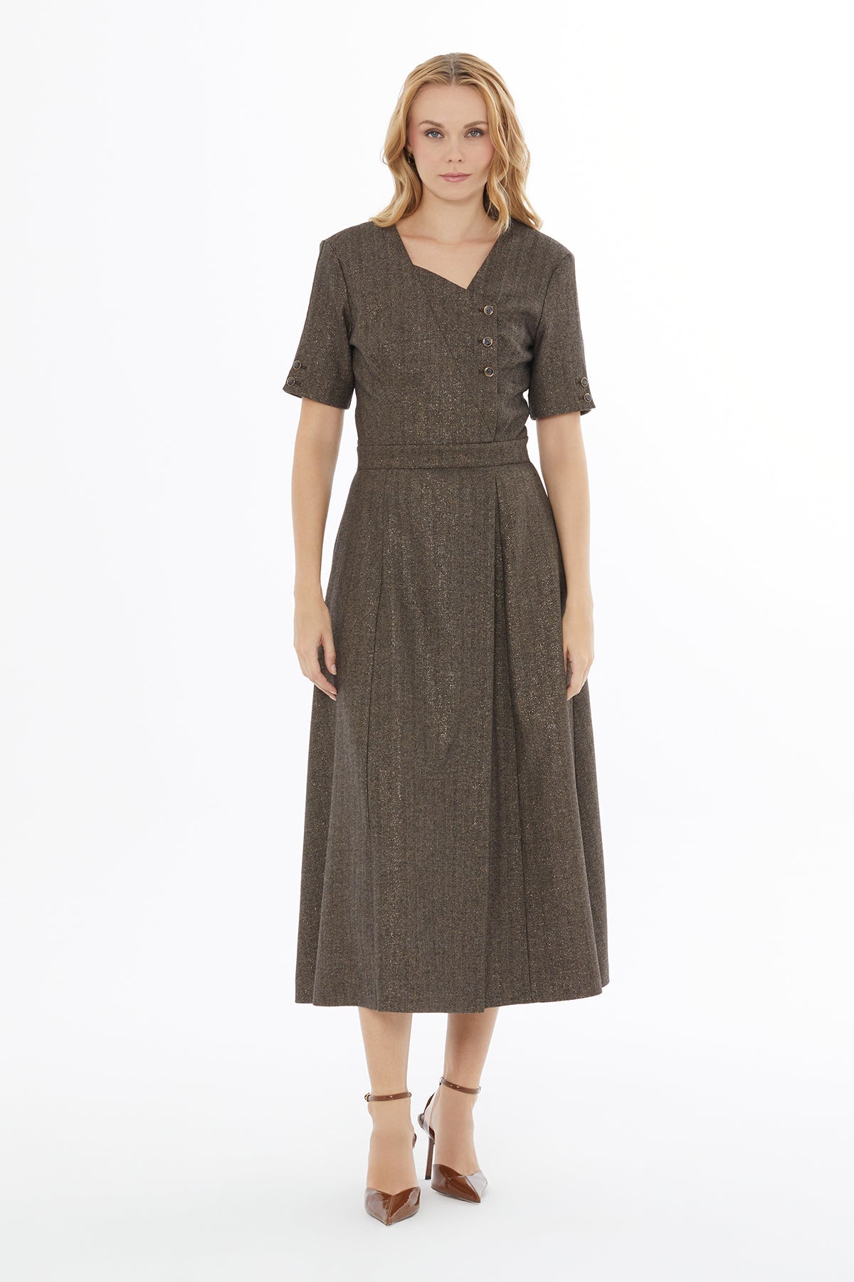 Brown Asymmetrical-Neck Midi Dress