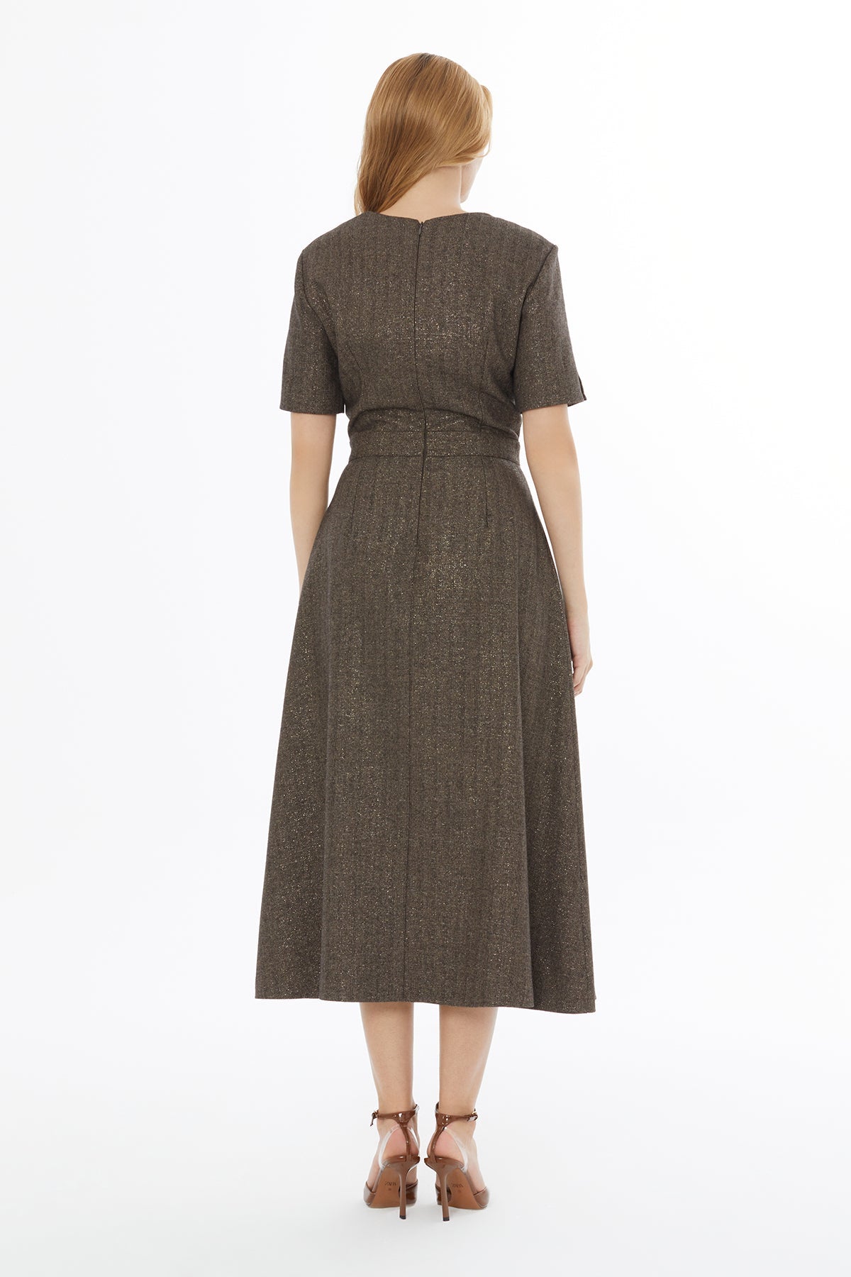 Brown Asymmetrical-Neck Midi Dress
