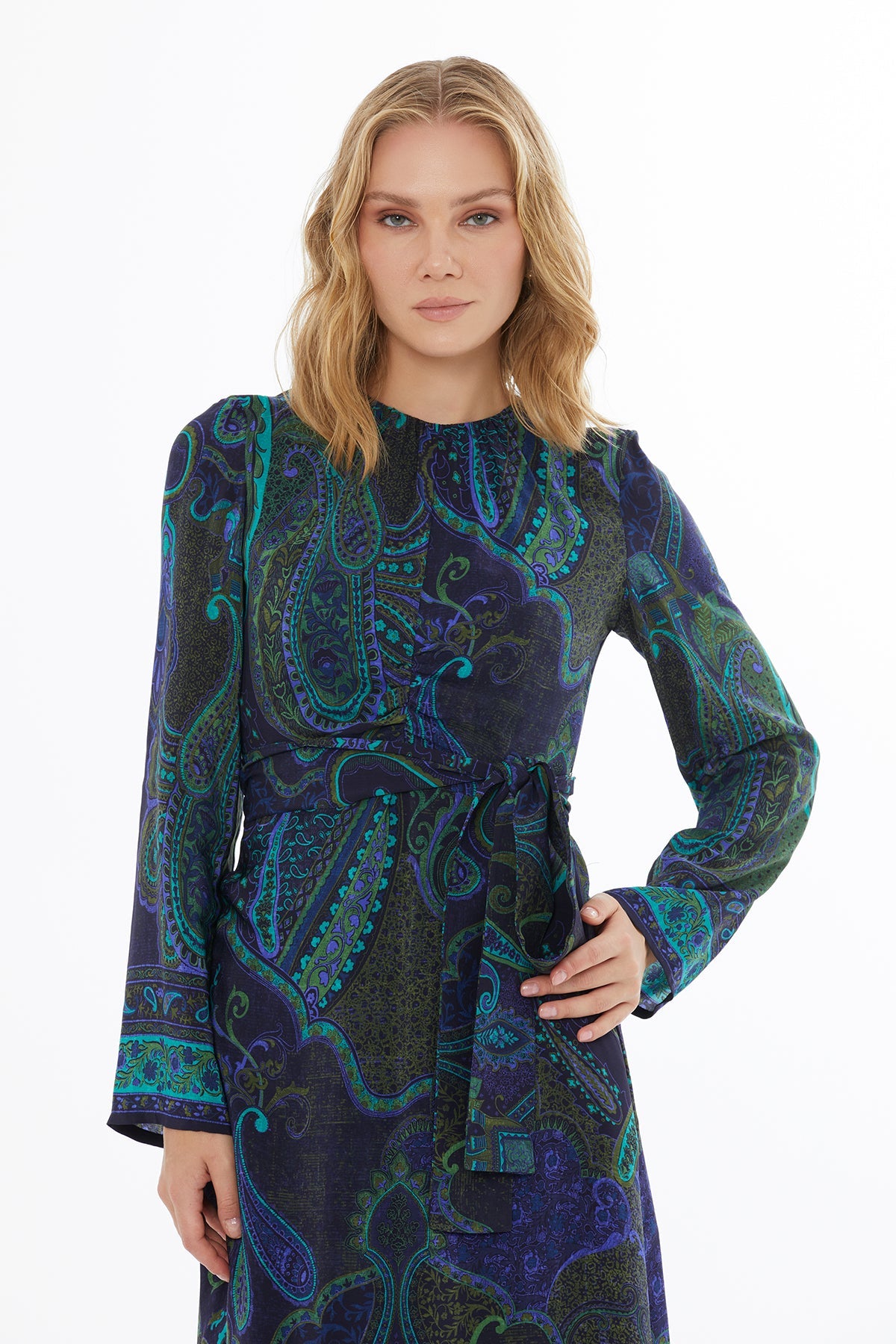 Printed Maxi Dress with Belt Accessory