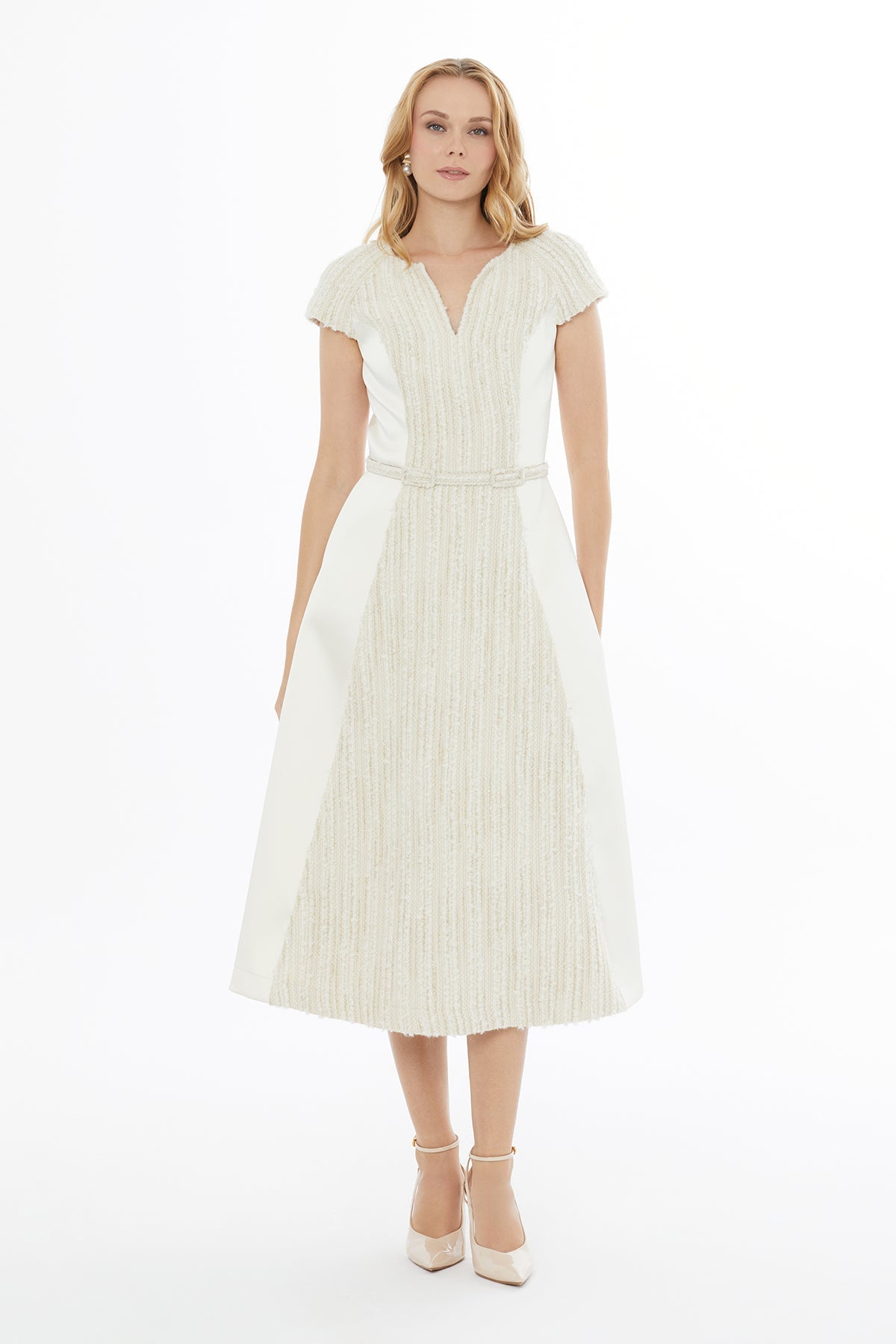 Ecru Midi Dress with Belt Detail