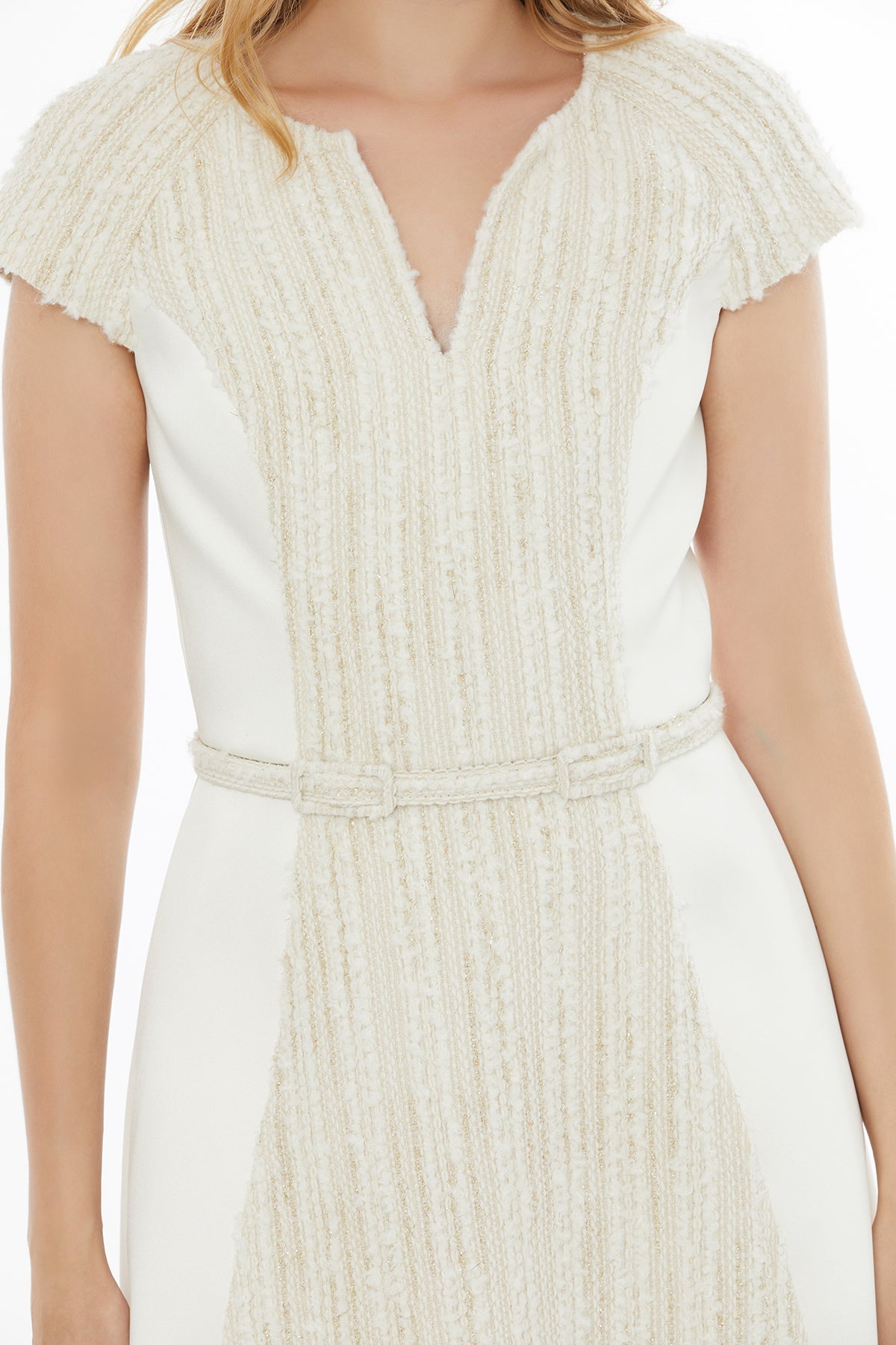 Ecru Midi Dress with Belt Detail