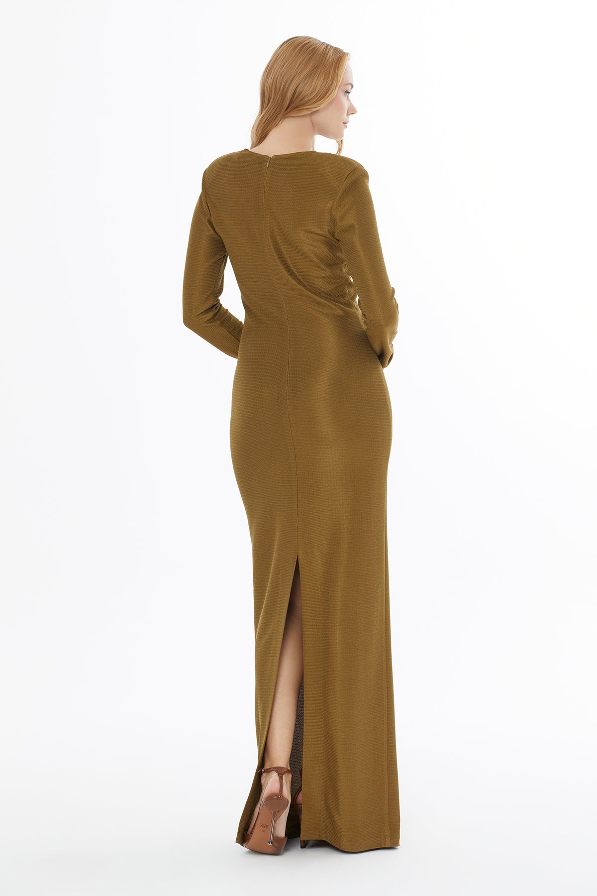 Khaki V-Neck Ruched Long Dress