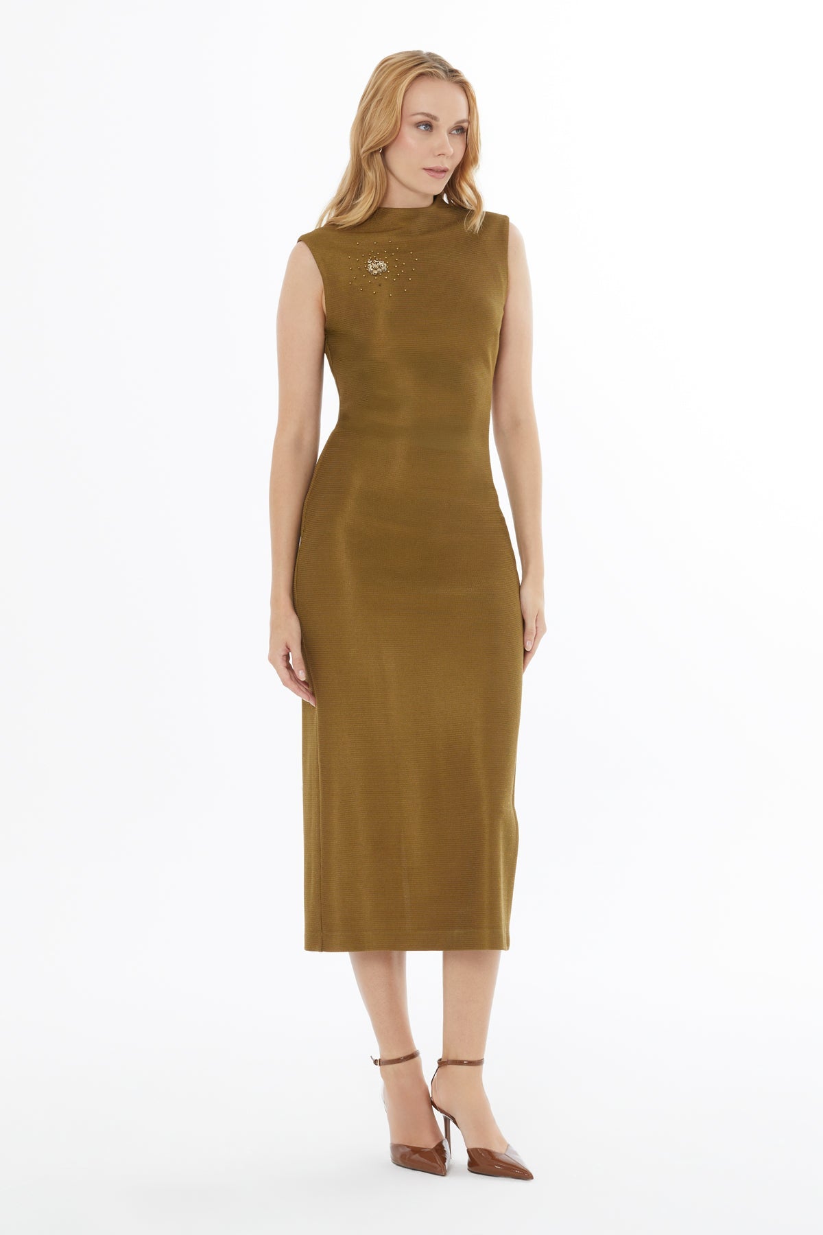 Khaki Sleeveless Midi Dress with Slit