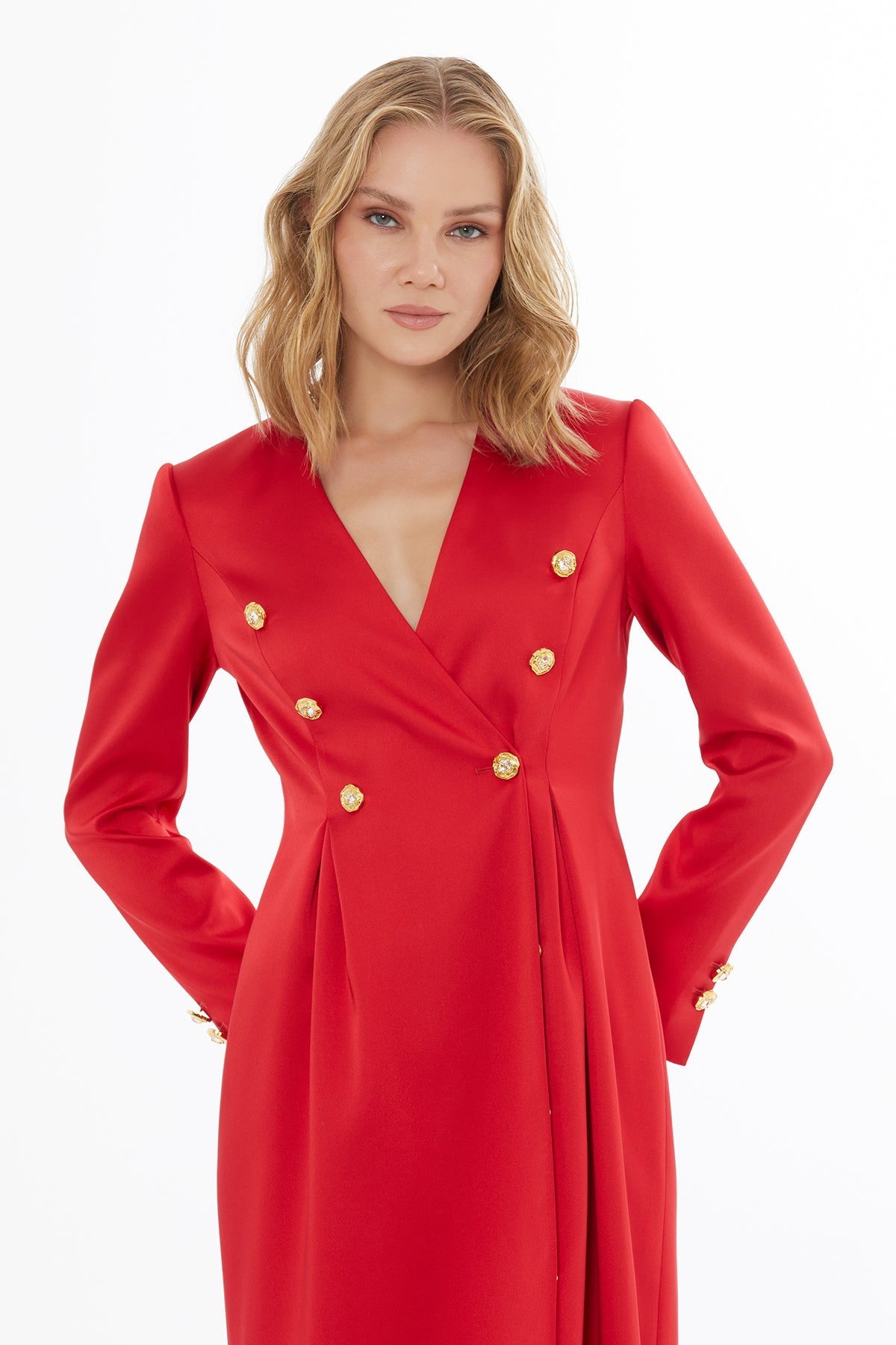 Red Midi Button Detail Dress