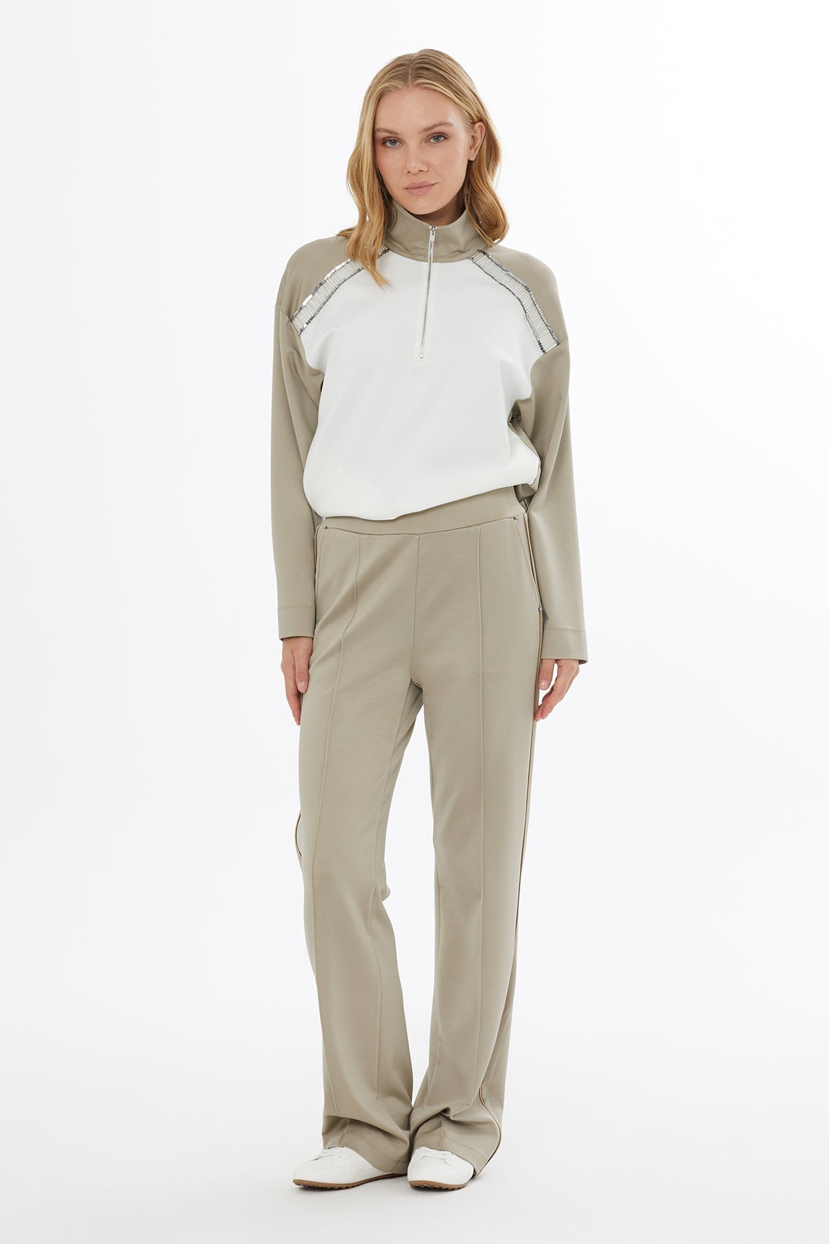 Beige Elastic-Waist Wide-Leg Sweatpants